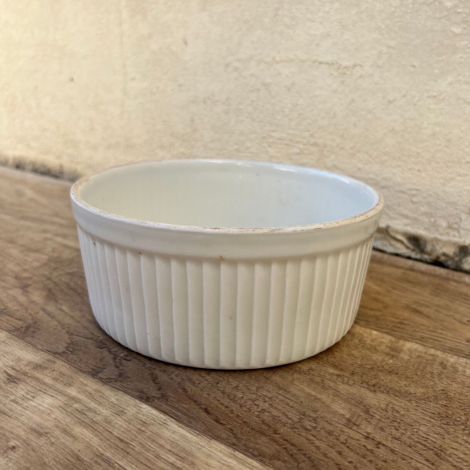 Vintage French 6 3/4” Round White Ribbed Souffle Dish Porcelain stamped 1707229 - Fleamarketfrance