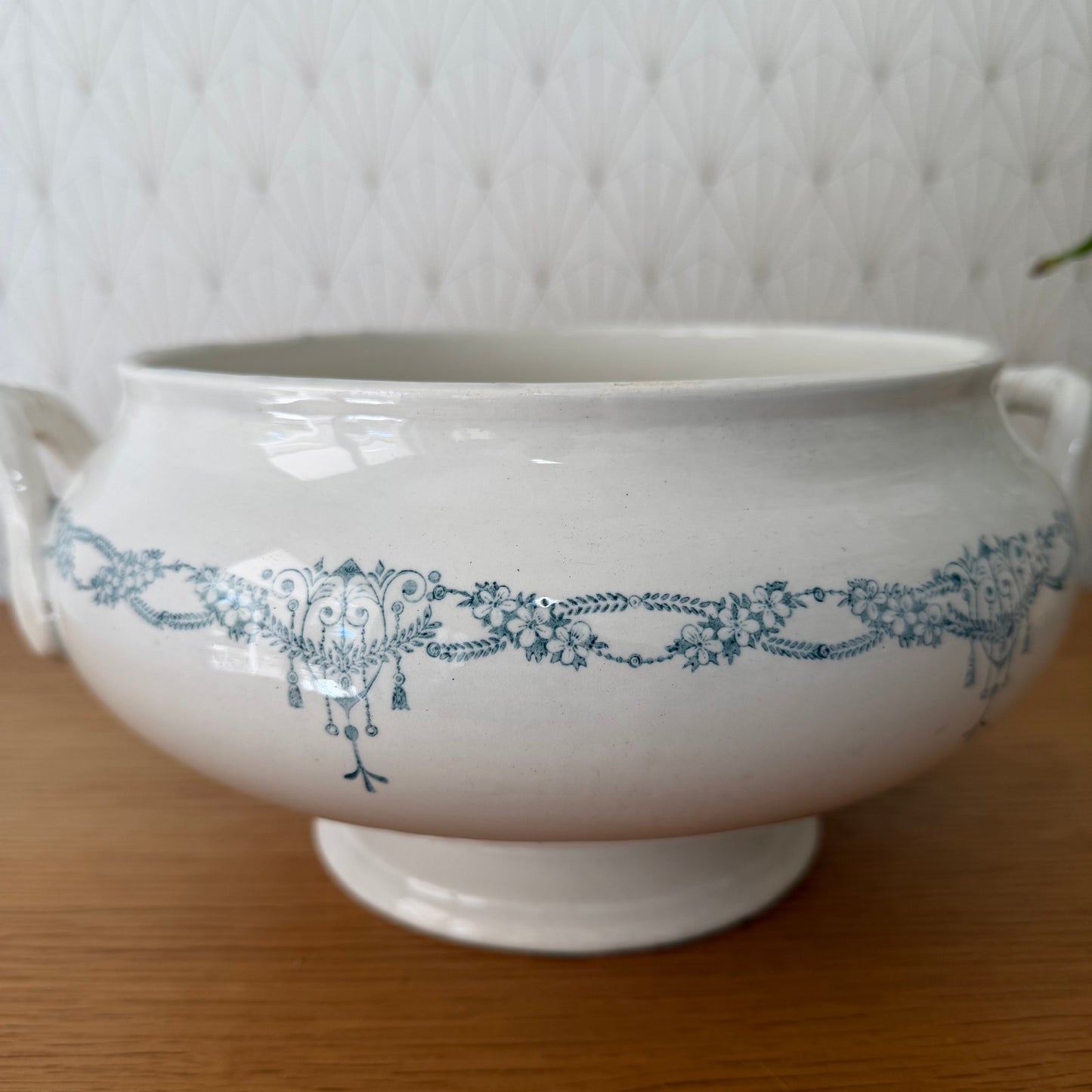 French Tureen Earthenware White Blue Fruits Bowl Terre De Fer GIVORS 2409254 Fleamarketfrance : French vintage and antique decor
