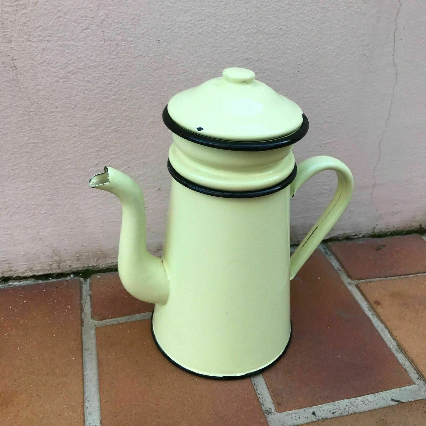 Vintage French Enamel Coffee Pot Green Yellow Black Trim Kitchenware 4 Fleamarketfrance