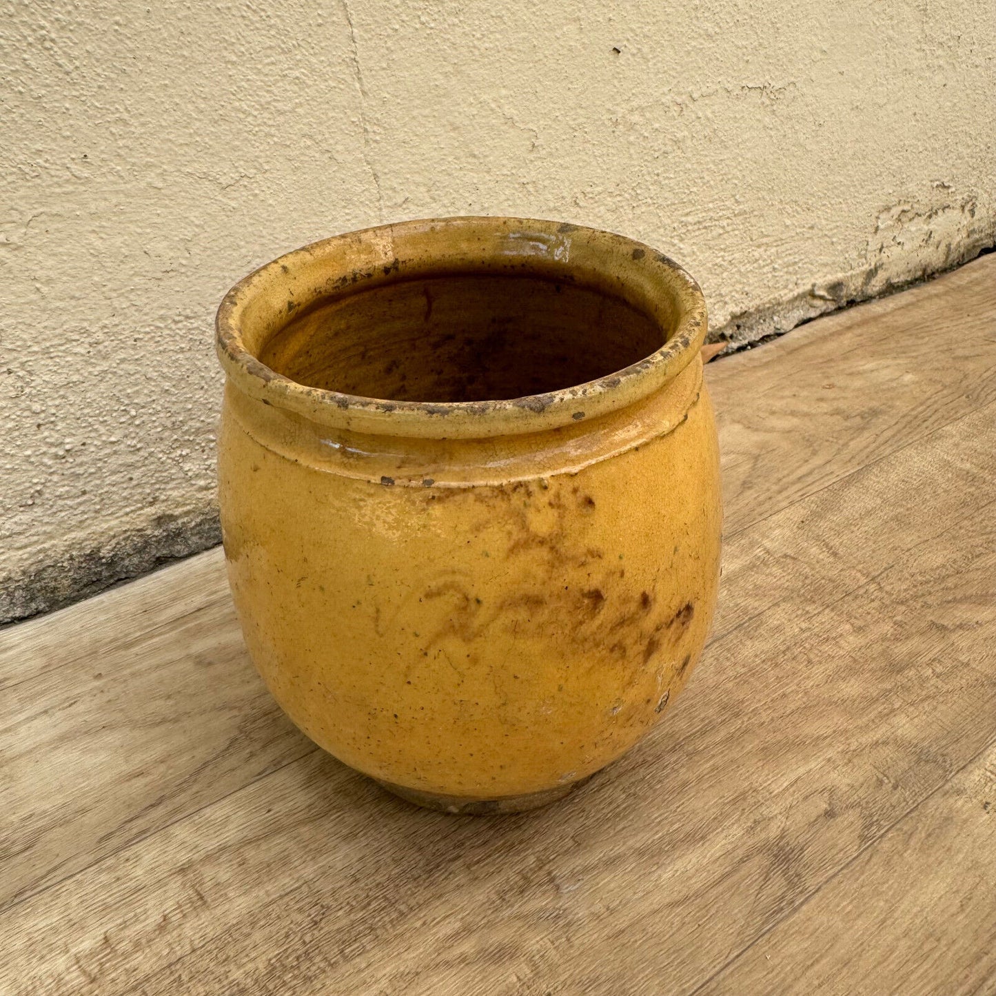 HANDMADE GLAZED YELLOW ANTIQUE FRENCH CONFIT POT SMALL TERRACOTTA 5 3/4" 3008243 - Fleamarketfrance