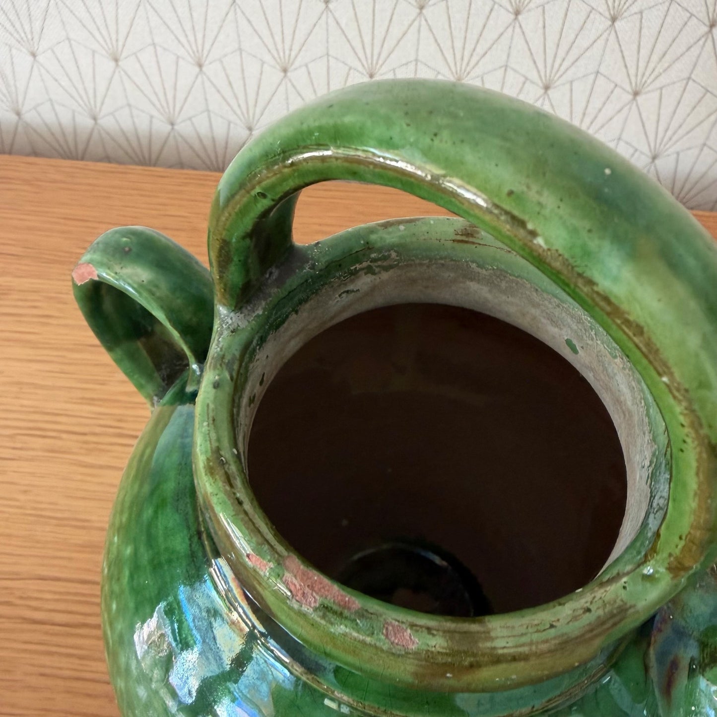 Vintage French Green Glazed Water Jug Gargoulette Pottery 9.4" 28052611 Fleamarketfrance