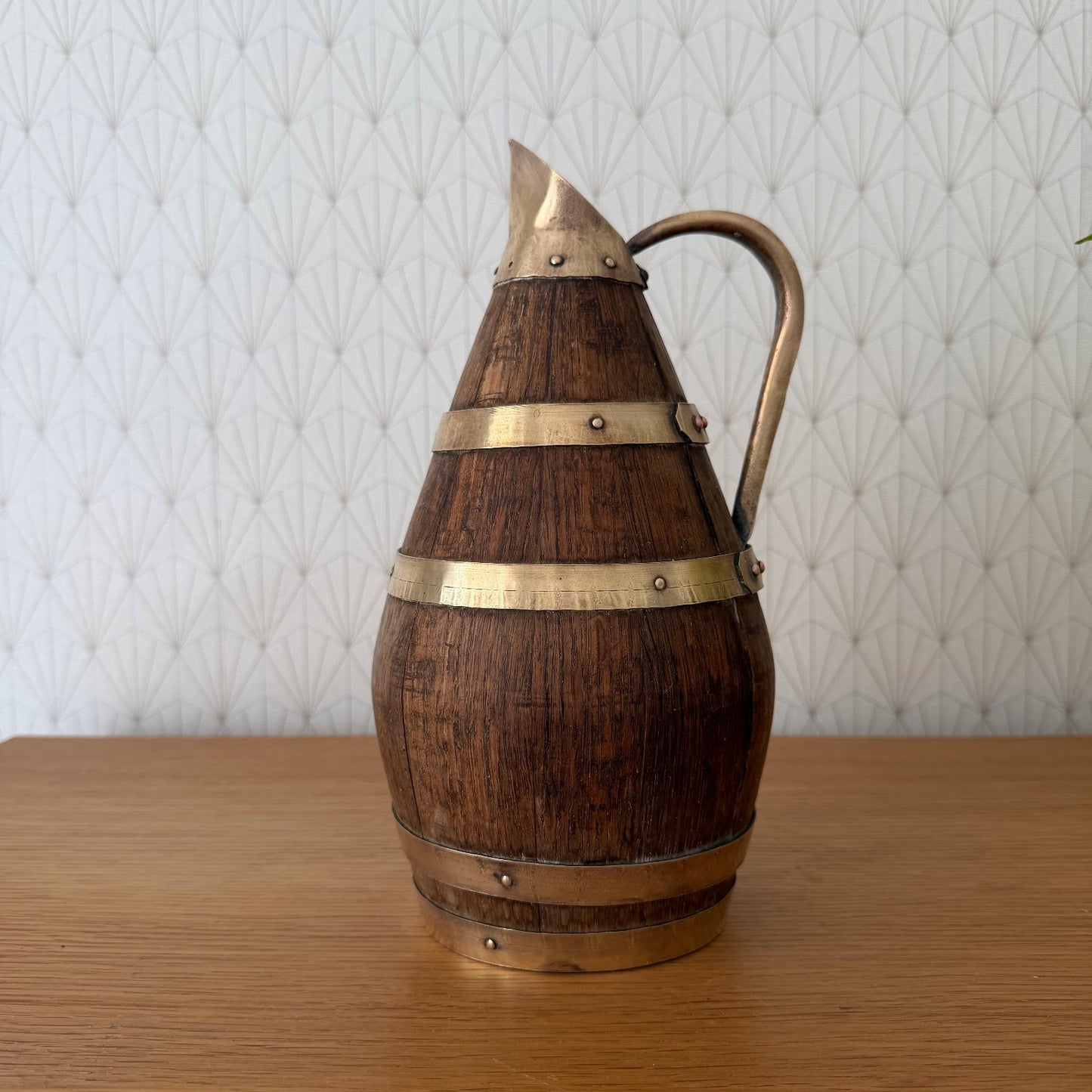 Antique French Wooden Wine Pitcher Staved Wood Brass Bands Cider Jug 0405263 Fleamarketfrance