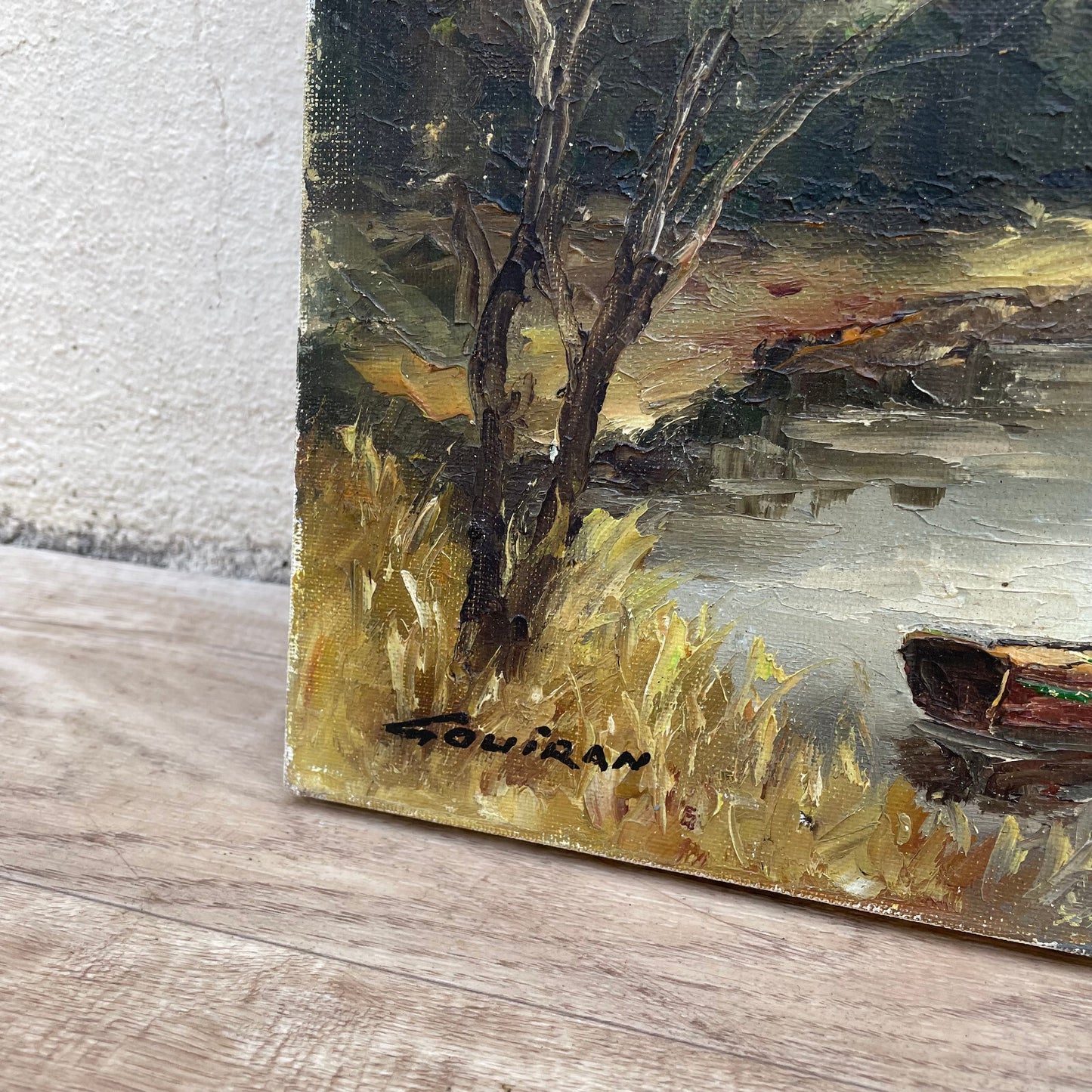 Vintage French Art Landscape Painting Campaign Lake Boat 1703252