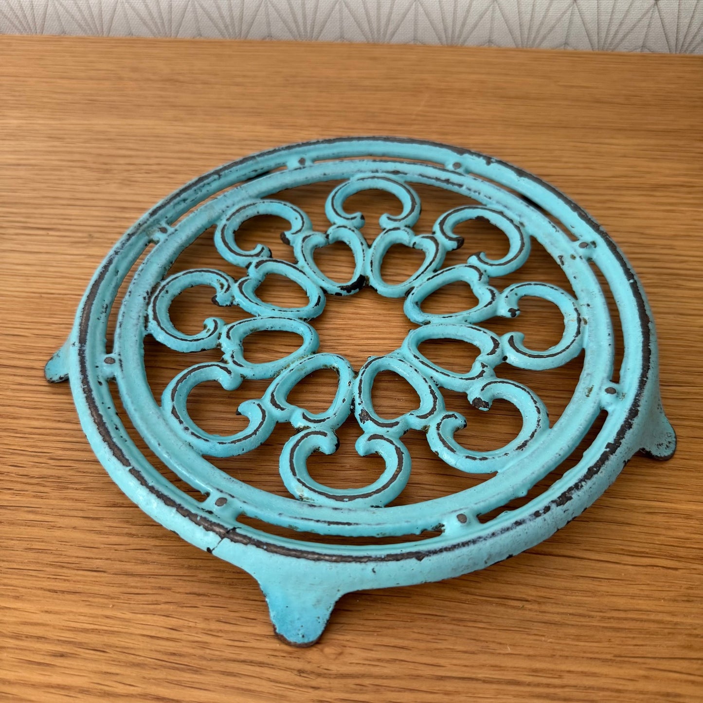 Antique vintage french Cast iron kitchen Trivet  france blue turquoise 0807258