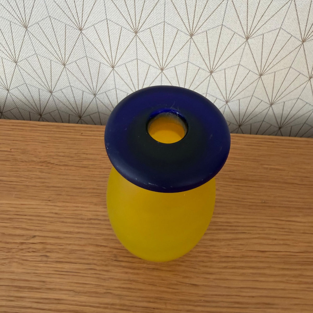 Satin Glass Soliflore Vase Yellow Blue Mid-Century French 04092625