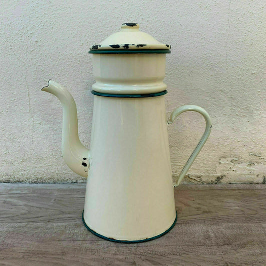French Enamel Coffee Pot White Green Trim Vintage Enamelware 09041920 Fleamarketfrance