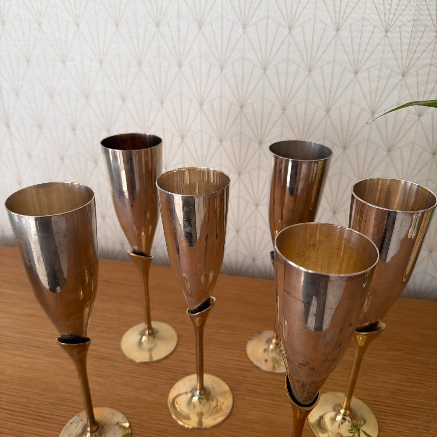 Vintage 6 silver gold champagne flutes silverplate glasses set 1905262 International Silver