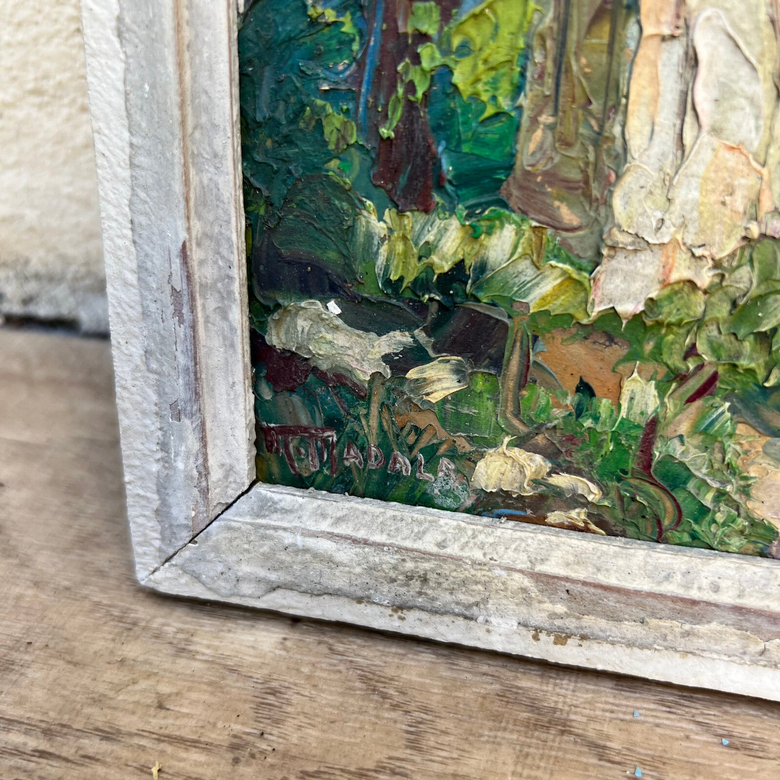 French Provence Oil Painting Bell Tower Landscape Signed Antique 02102214 Fleamarketfrance