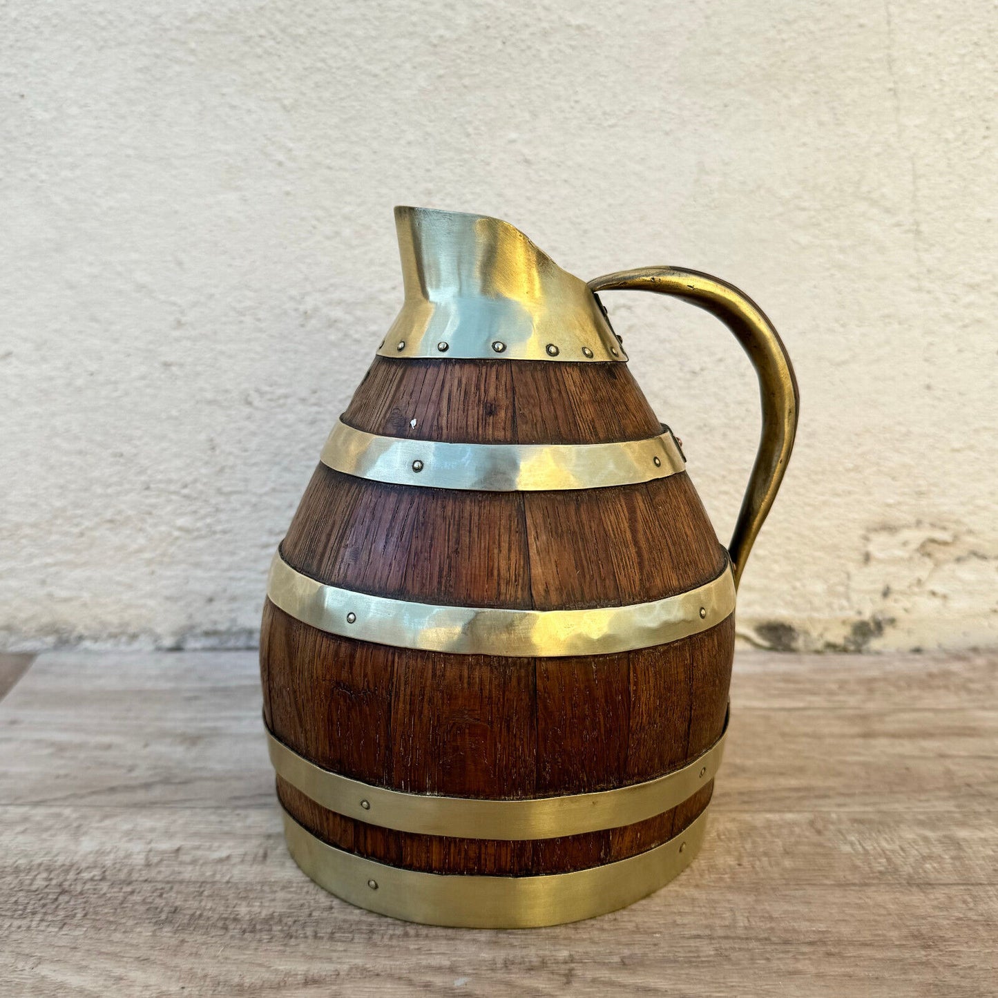 Vintage French Wooden Wine Cider Jug Pitcher Staved Wood Metal 6 3/4" 0405249 - Fleamarketfrance