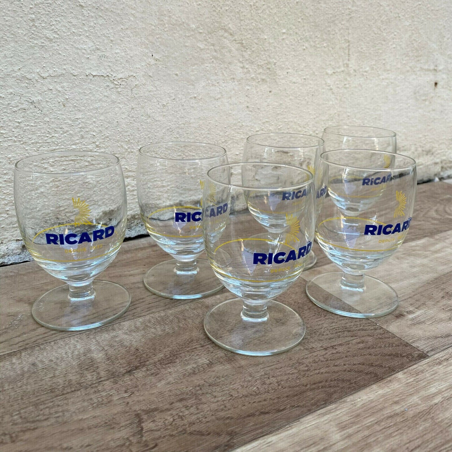 6 FRENCH RICARD ANISETTE PASTIS GLASSES WITH SUNBURST MOTIF 1001255 - Fleamarketfrance