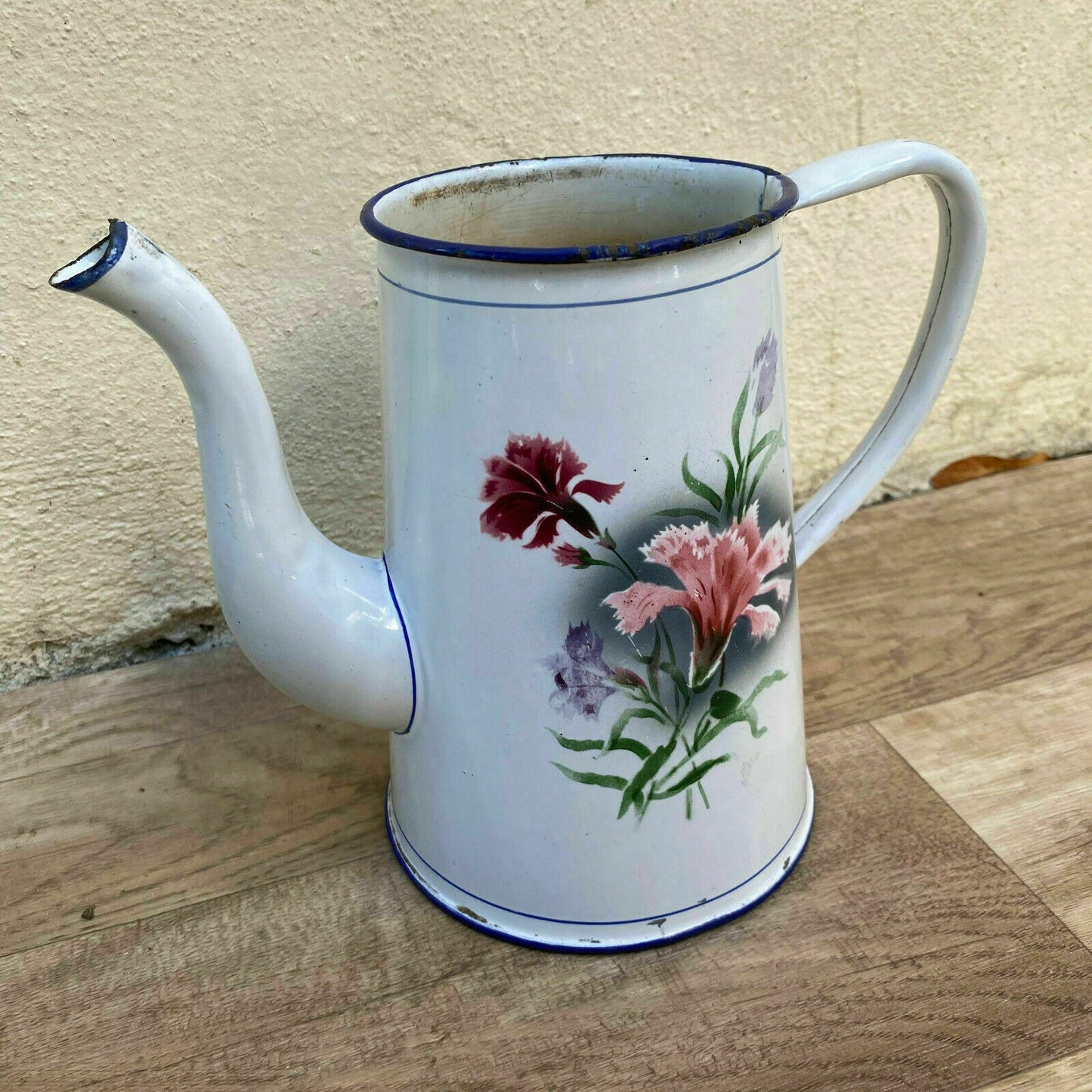 French Enamel Coffee Pot White Floral Enamelware Cafetiere Vintage 30012116 Fleamarketfrance