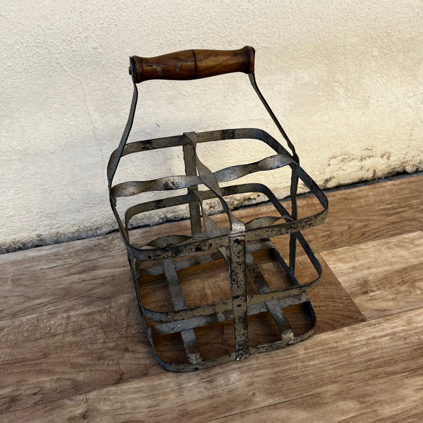 ANTIQUE VINTAGE FRENCH Handmade Metal 4 zinc Bottle Wine Carrier Basket 10122212 - Fleamarketfrance