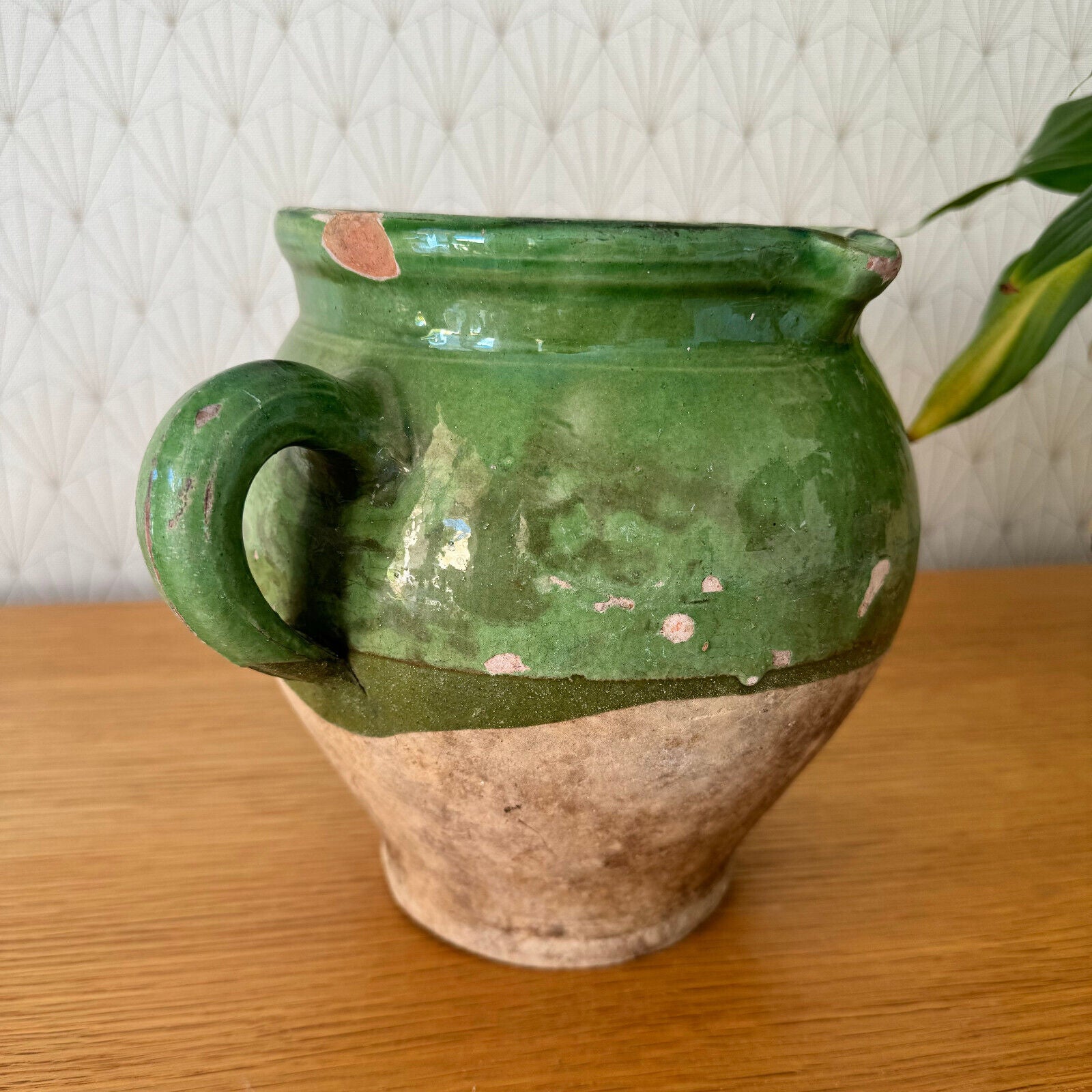 Green HANDMADE GLAZED POTERY TERRACOTA ANTIQUE FRENCH POT VASE PITCHER 13042413 - Fleamarketfrance