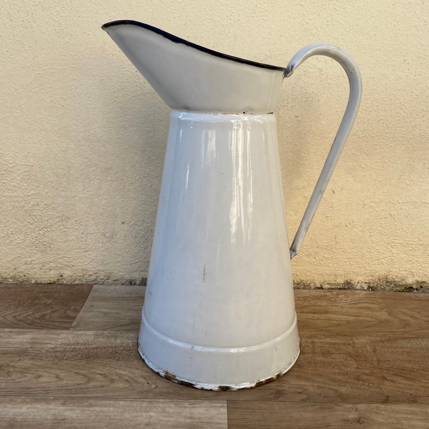 Vintage French Enamel Pitcher White Blue Rim Water Jug 36cm 14" 2210243 Fleamarketfrance