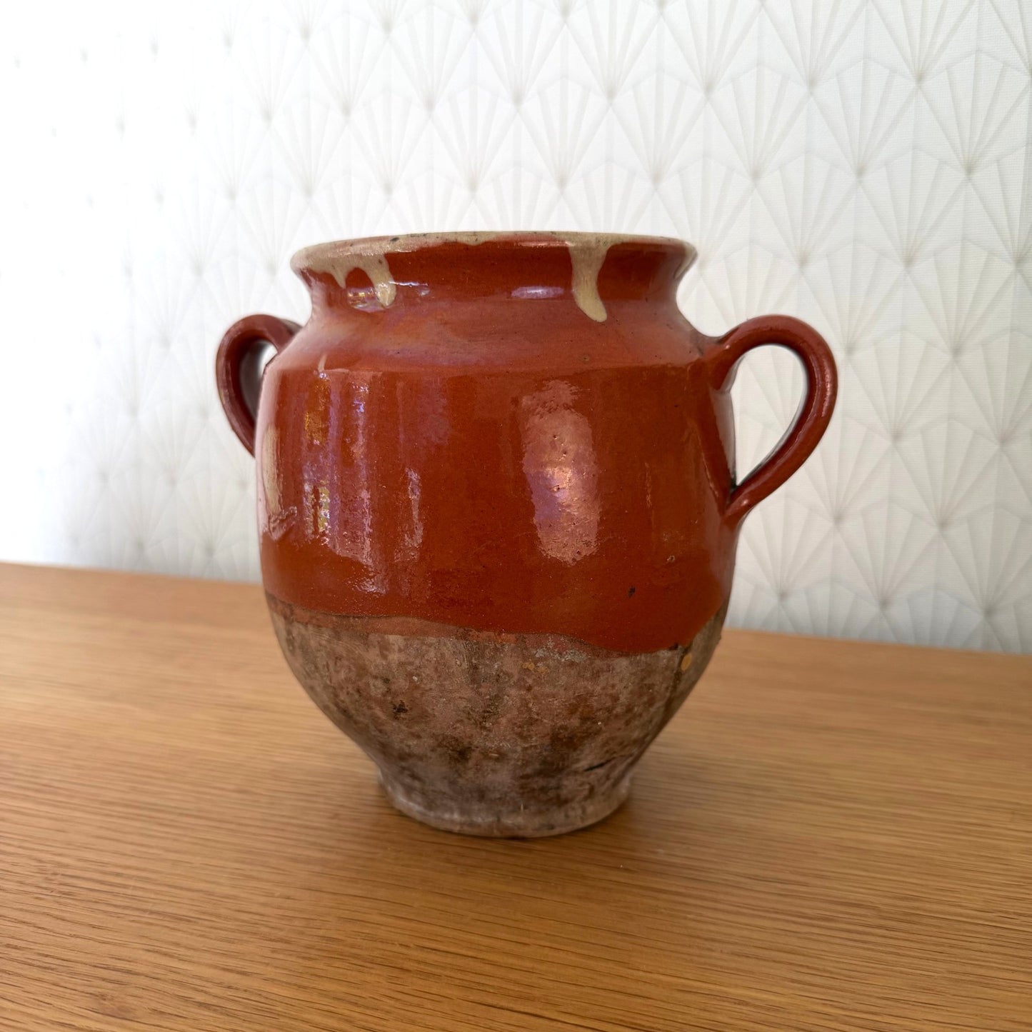 RARE 6 1/2" HANDMADE GLAZED TERRA COTTA ANTIQUE FRENCH CONFIT POT VASE 2210256