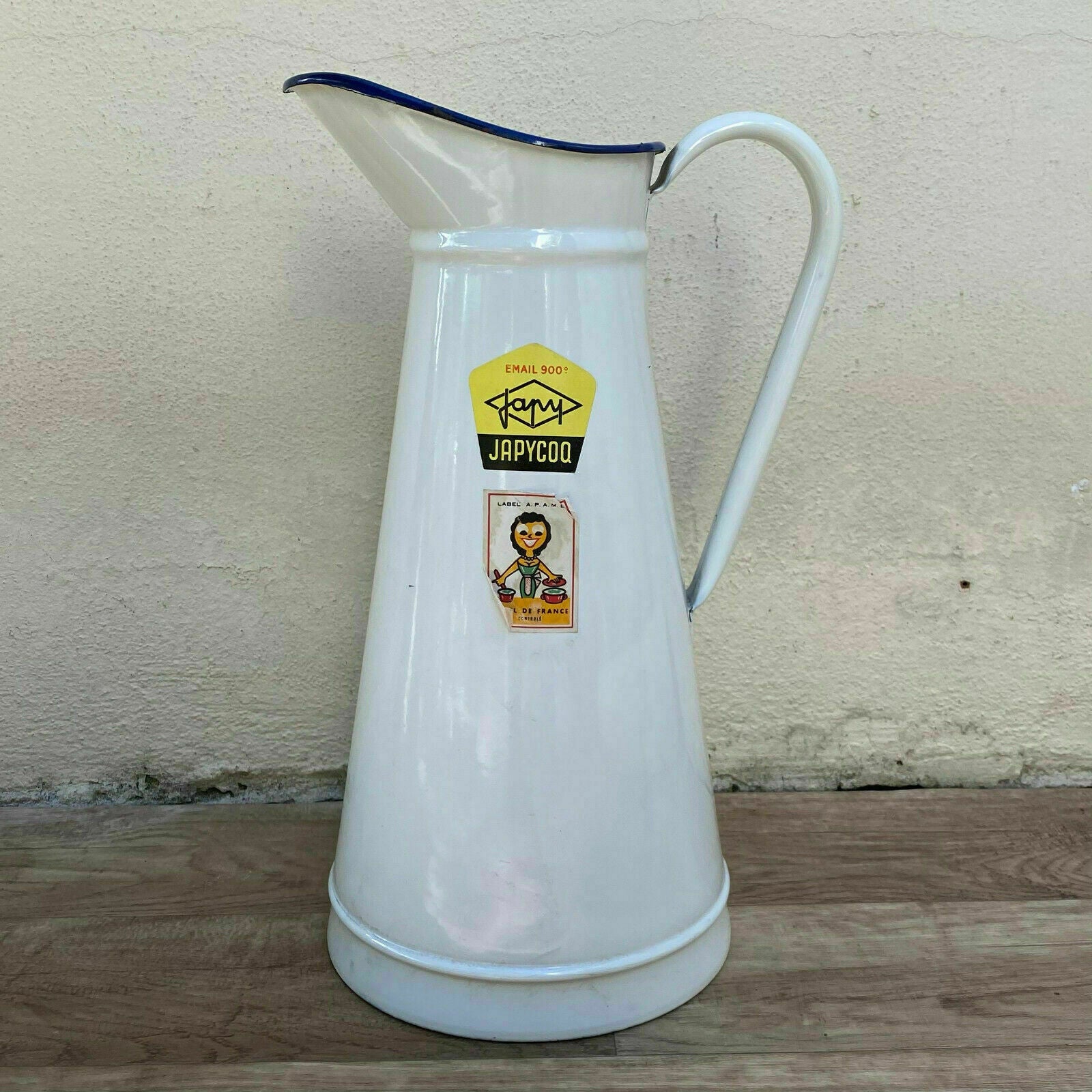 Vintage French Enamel pitcher jug water enameled white with tags JAPY 2808211 - Fleamarketfrance