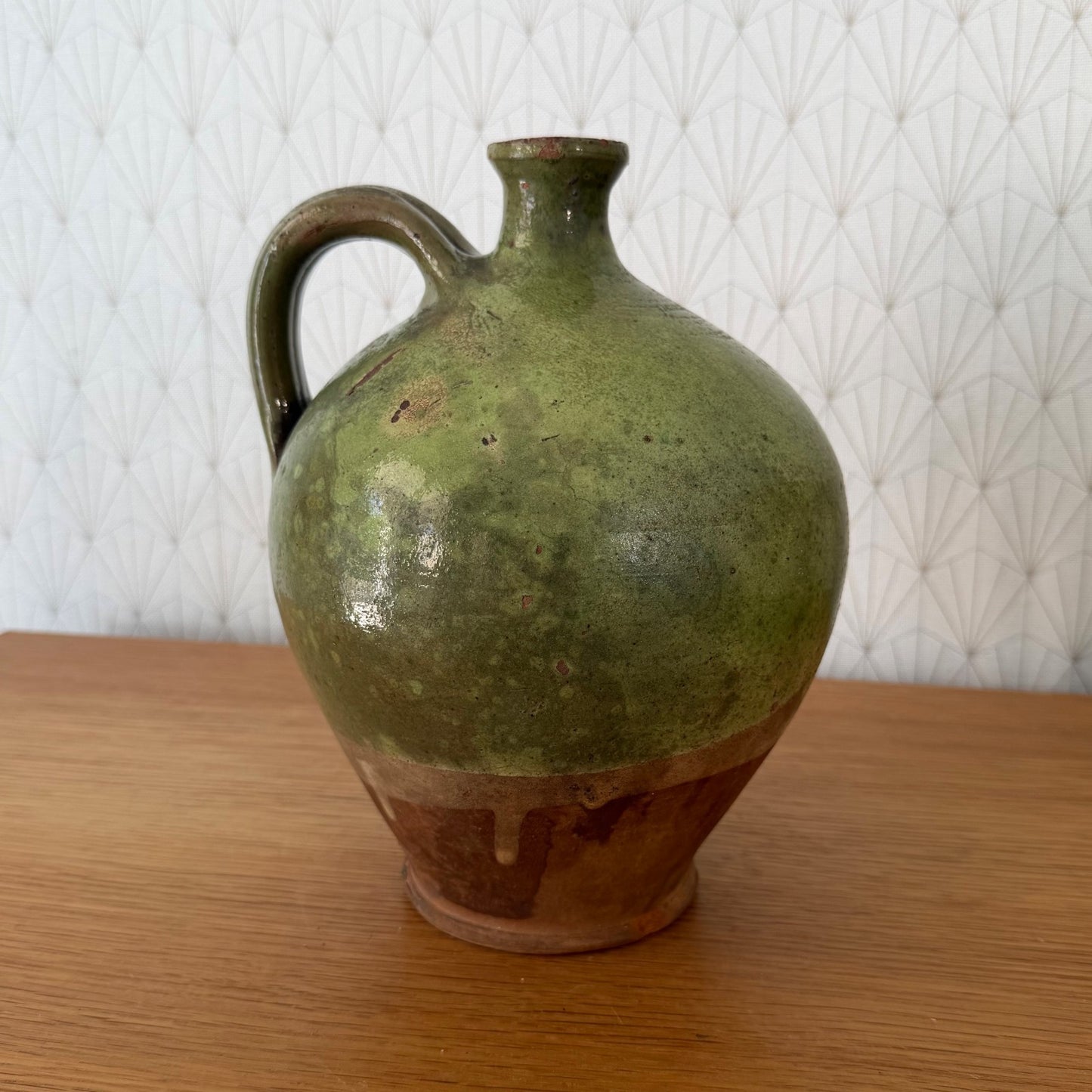 Antique French Green Glazed Water Jug Oil Pottery Terracotta 0107267 Fleamarketfrance