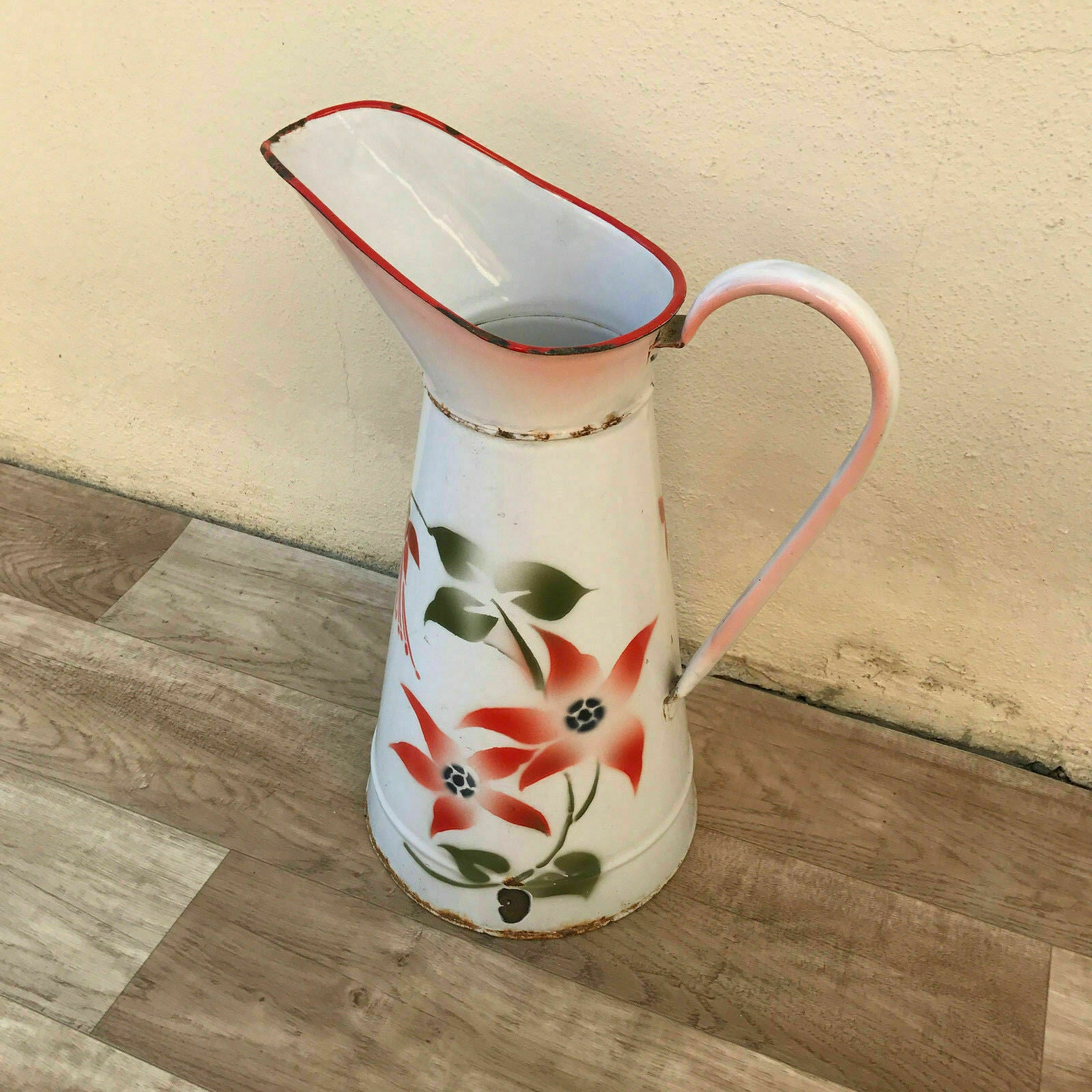 French enamelware pitcher white floral vintage water jug enameled 2601182 Unbranded