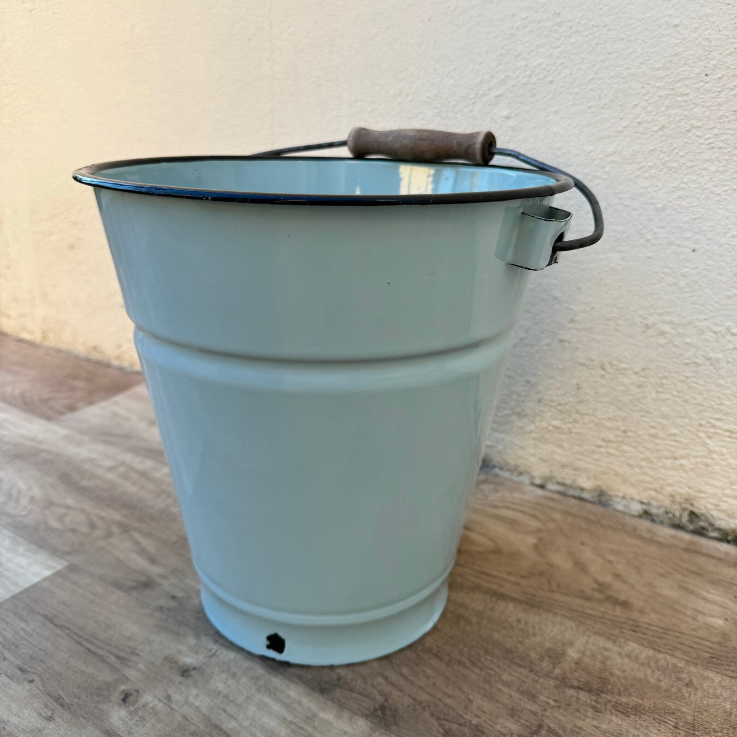 Vintage French Enamel Bucket Blue Water Pail Wood Handle 24cm 07082411 Fleamarketfrance
