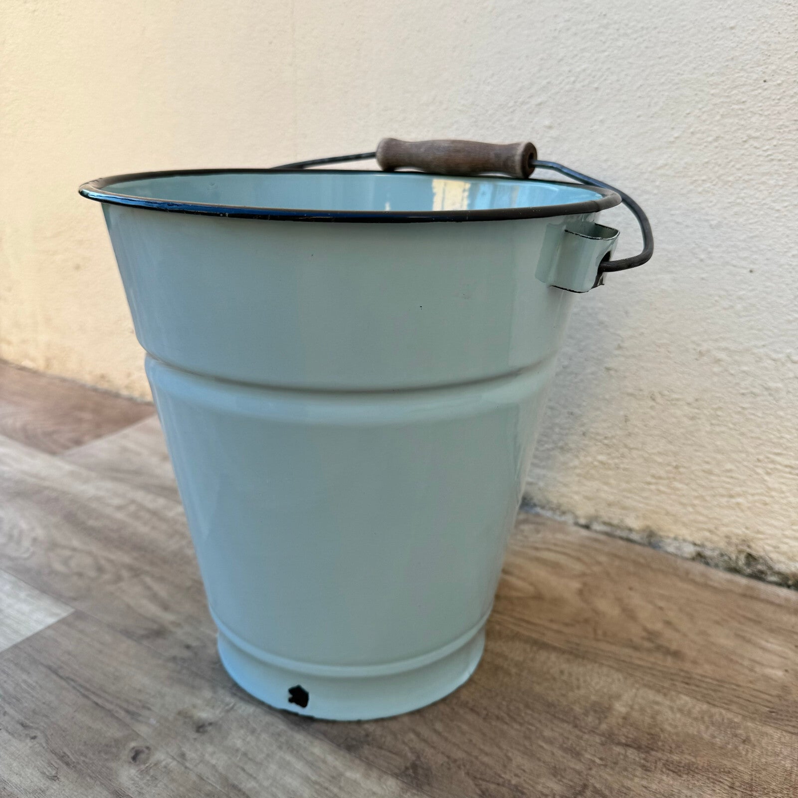 Vintage French Enamel Bucket Blue Water Pail Wood Handle 24cm 07082411 Fleamarketfrance