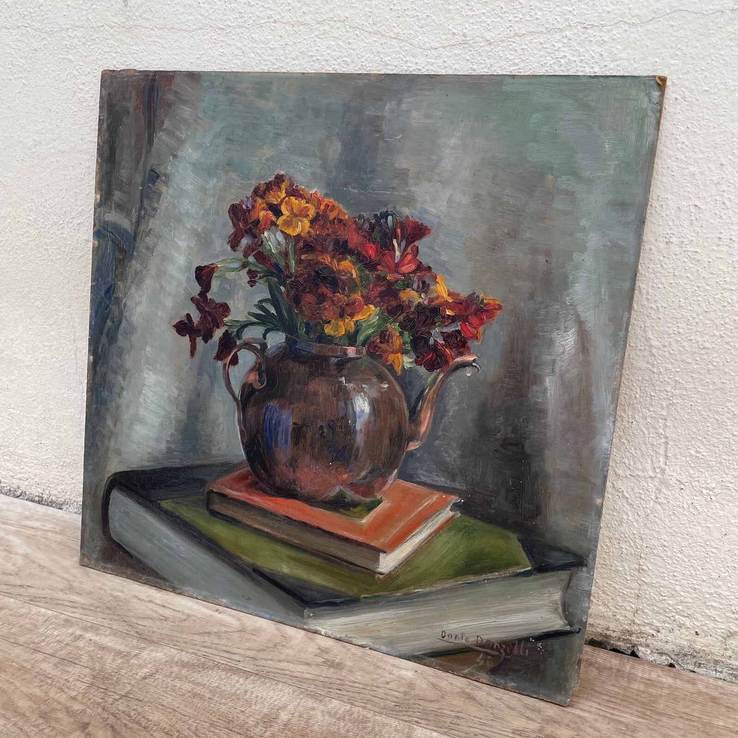 French Still Life Painting Flowers Teapot Books Signed Dante Donelli 1703251 Fleamarketfrance