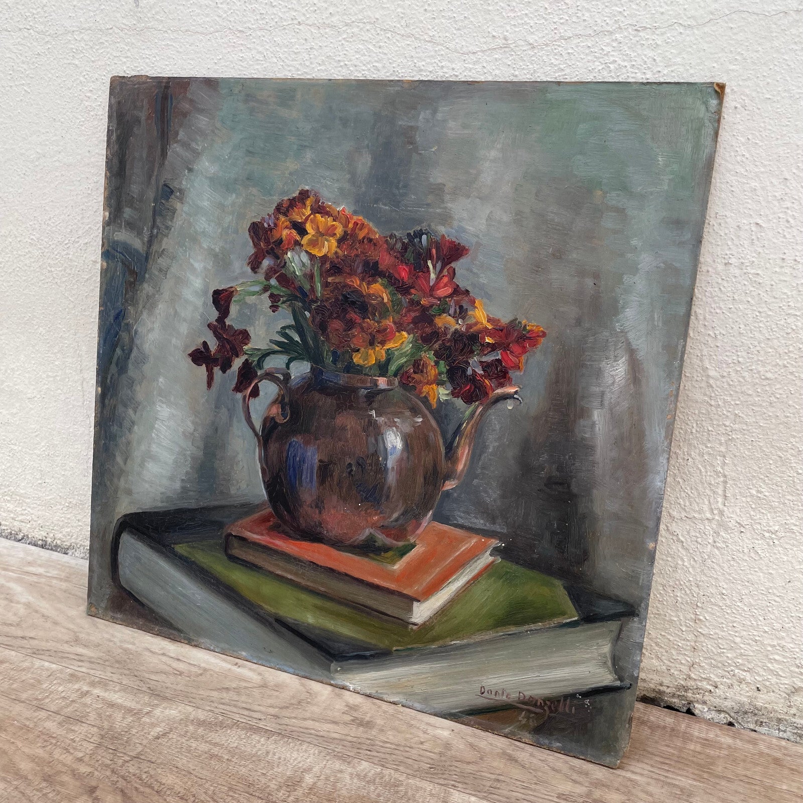 French Still Life Painting Flowers Teapot Books Signed Dante Donelli 1703251 Fleamarketfrance