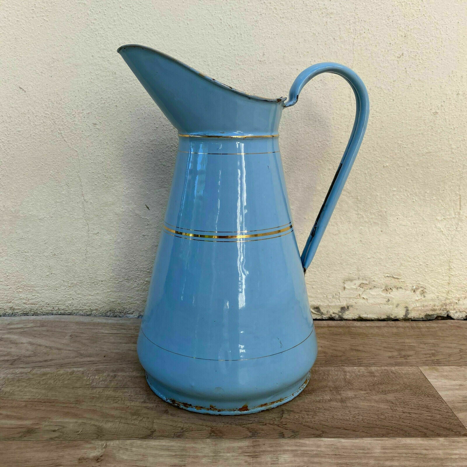 Vintage French Enamel Pitcher Blue Gold Farmhouse Water Jug 0707204 Fleamarketfrance