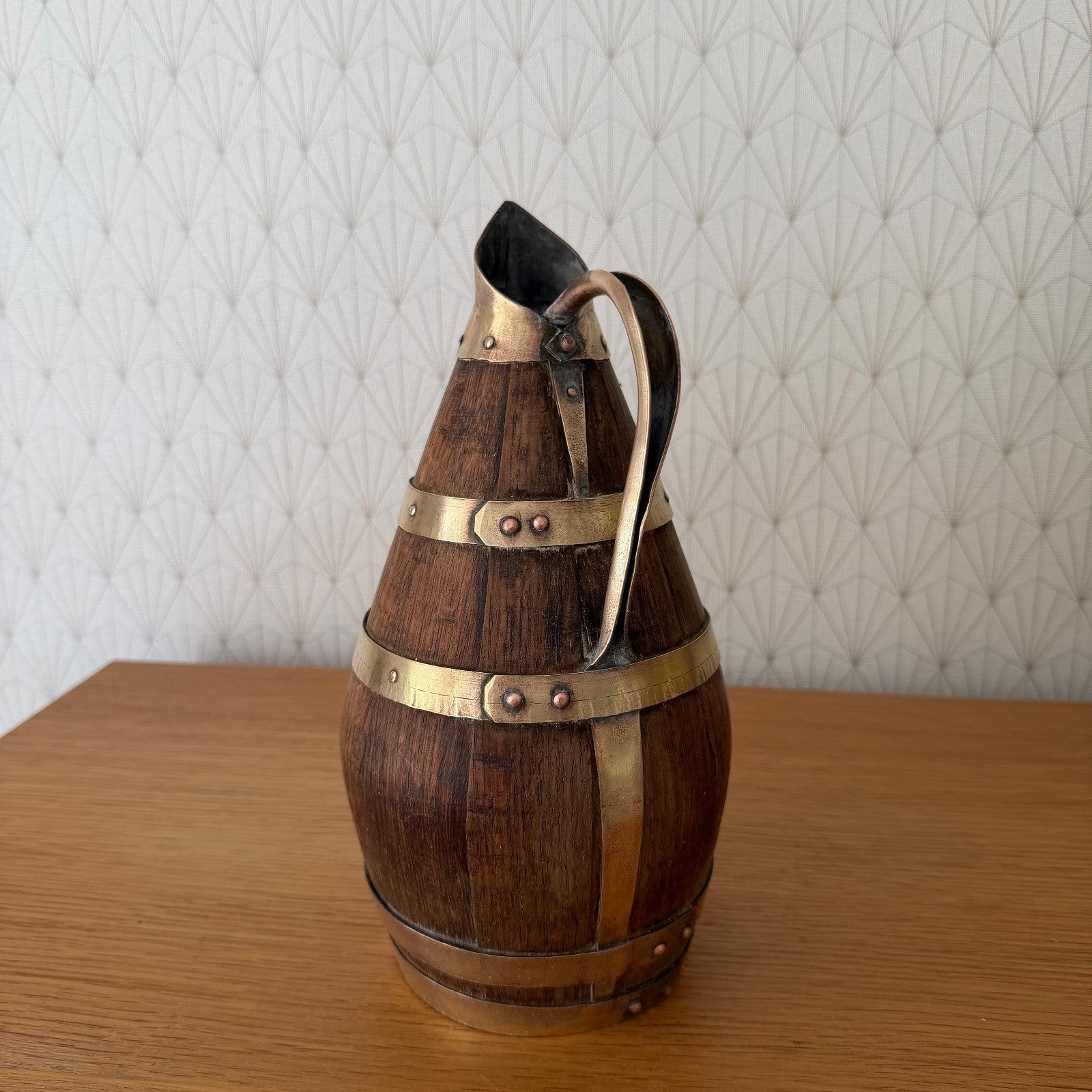 Antique French Wooden Wine Pitcher Staved Wood Brass Bands Cider Jug 0405263 Fleamarketfrance