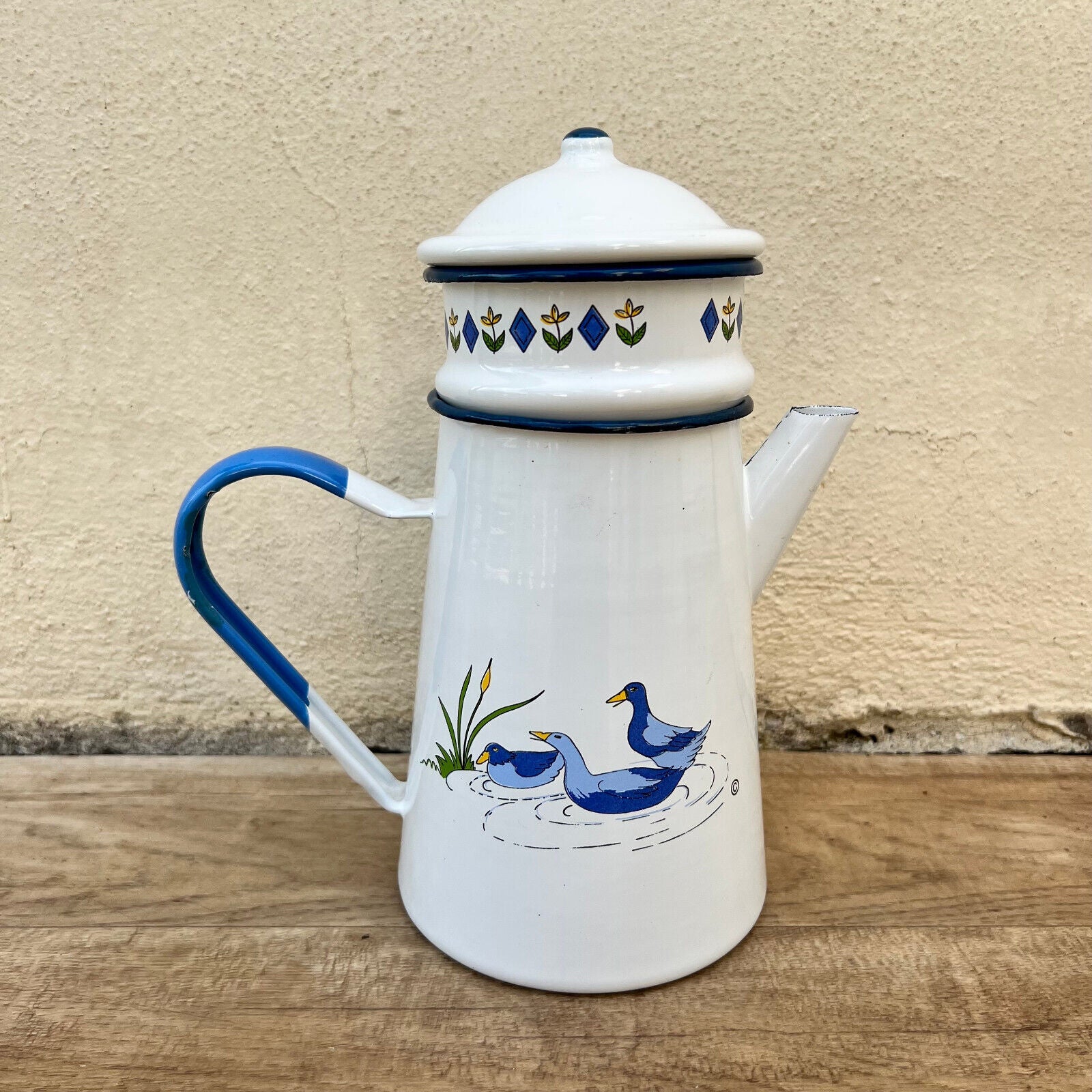 Vintage French Enamelware enameled ducks white Enamel Coffee Pot 26052217 - Fleamarketfrance