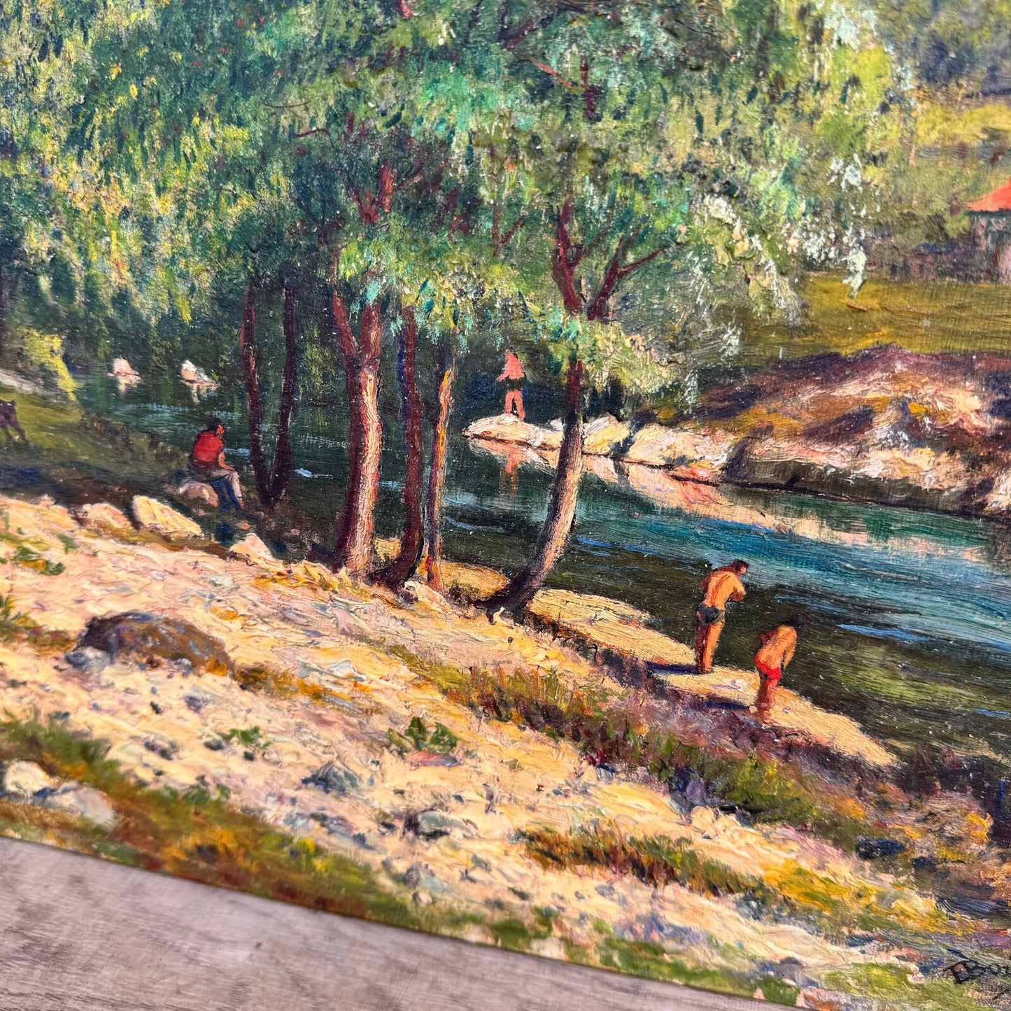 Vintage French Oil Painting Provence River Landscape Signed Wood 0706248 Fleamarketfrance