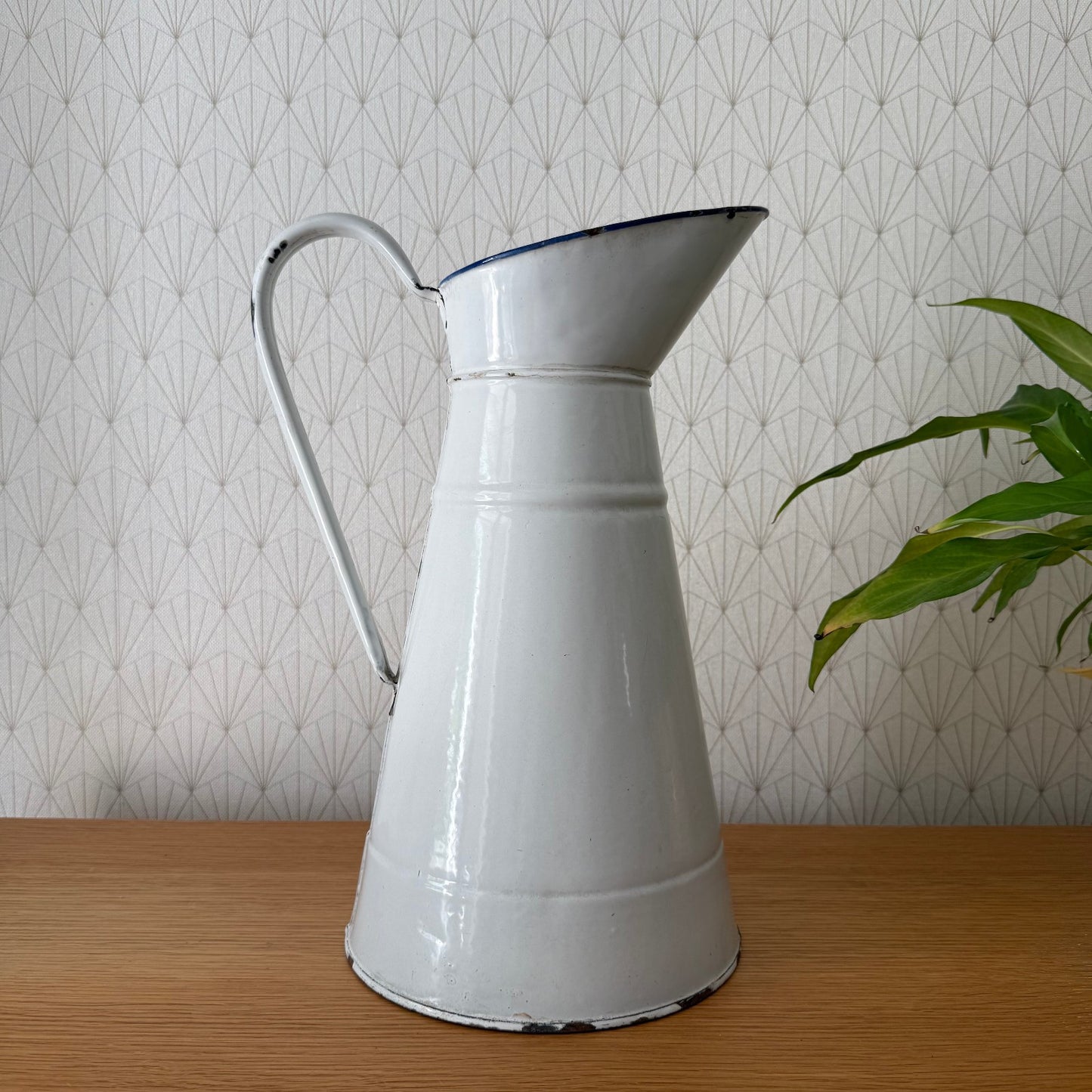 Antique French Enamel Pitcher White Blue Trim Water Jug Farmhouse 08072513 Fleamarketfrance