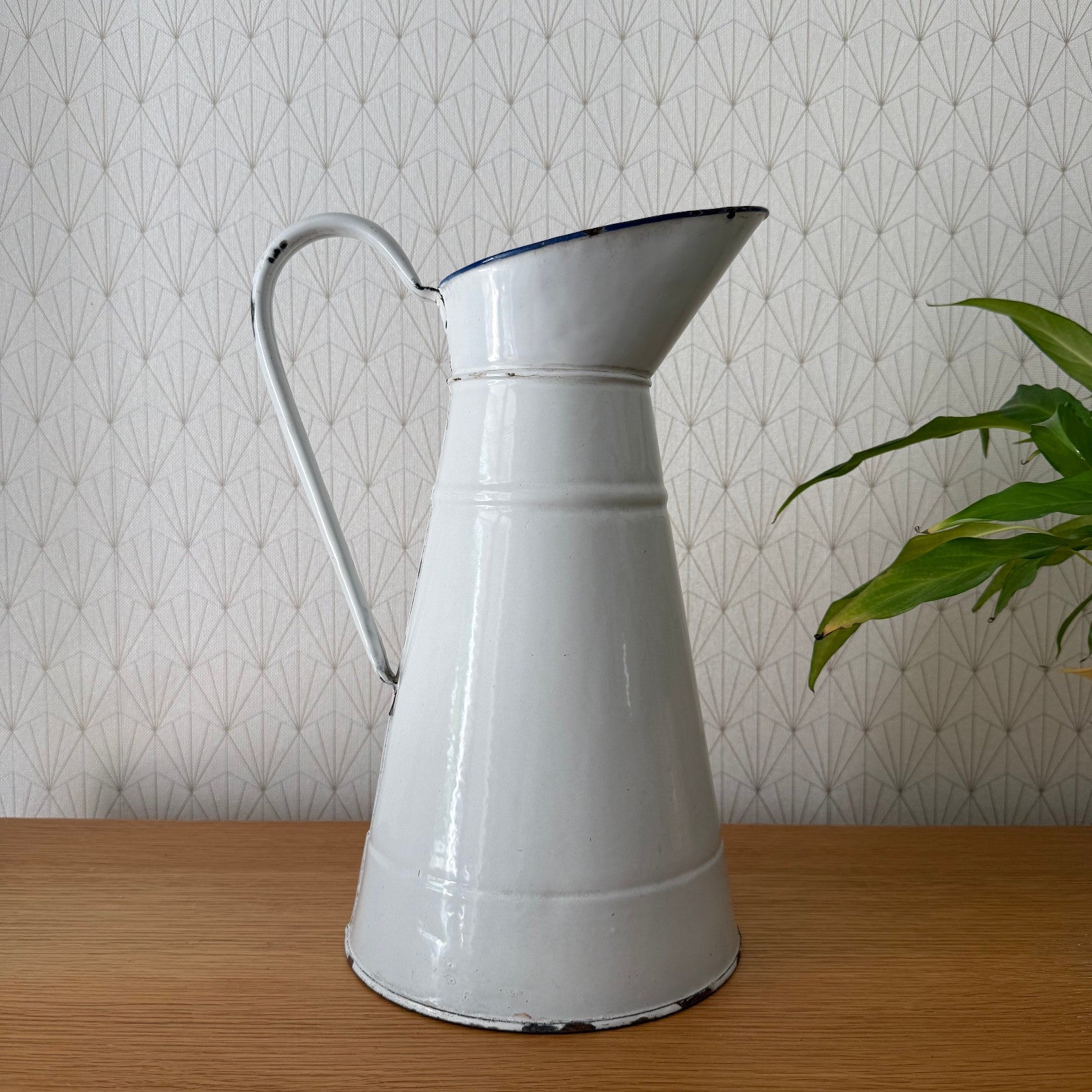 Antique French Enamel Pitcher White Blue Trim Water Jug Farmhouse 08072513 Fleamarketfrance