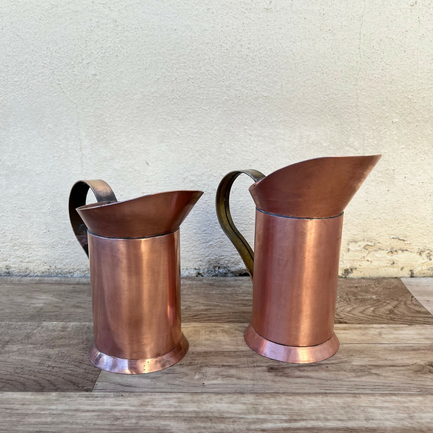 Set 2 Vintage French Copper Pitchers Small Jugs Brass Handles 1203223 Fleamarketfrance