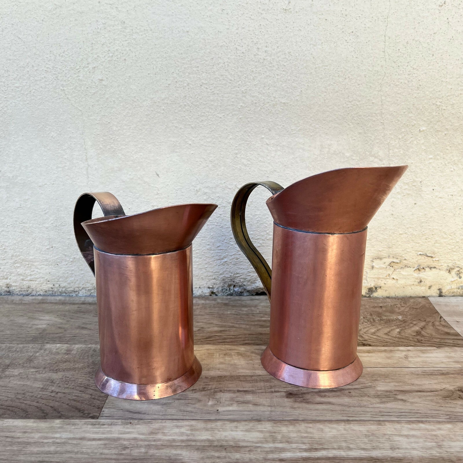 Set 2 Vintage French Copper Pitchers Small Jugs Brass Handles 1203223 Fleamarketfrance