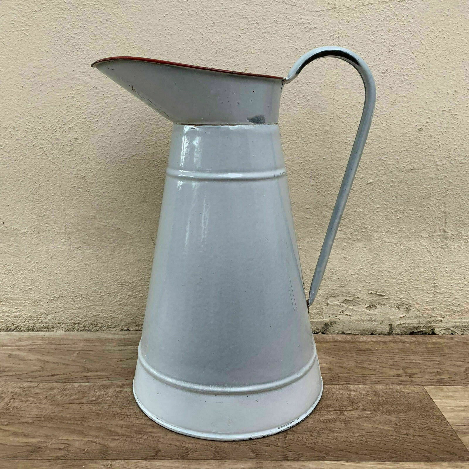 Vintage Belgian Enamelware Pitcher White Red Trim Water Jug 13.75" 28101813 Unbranded