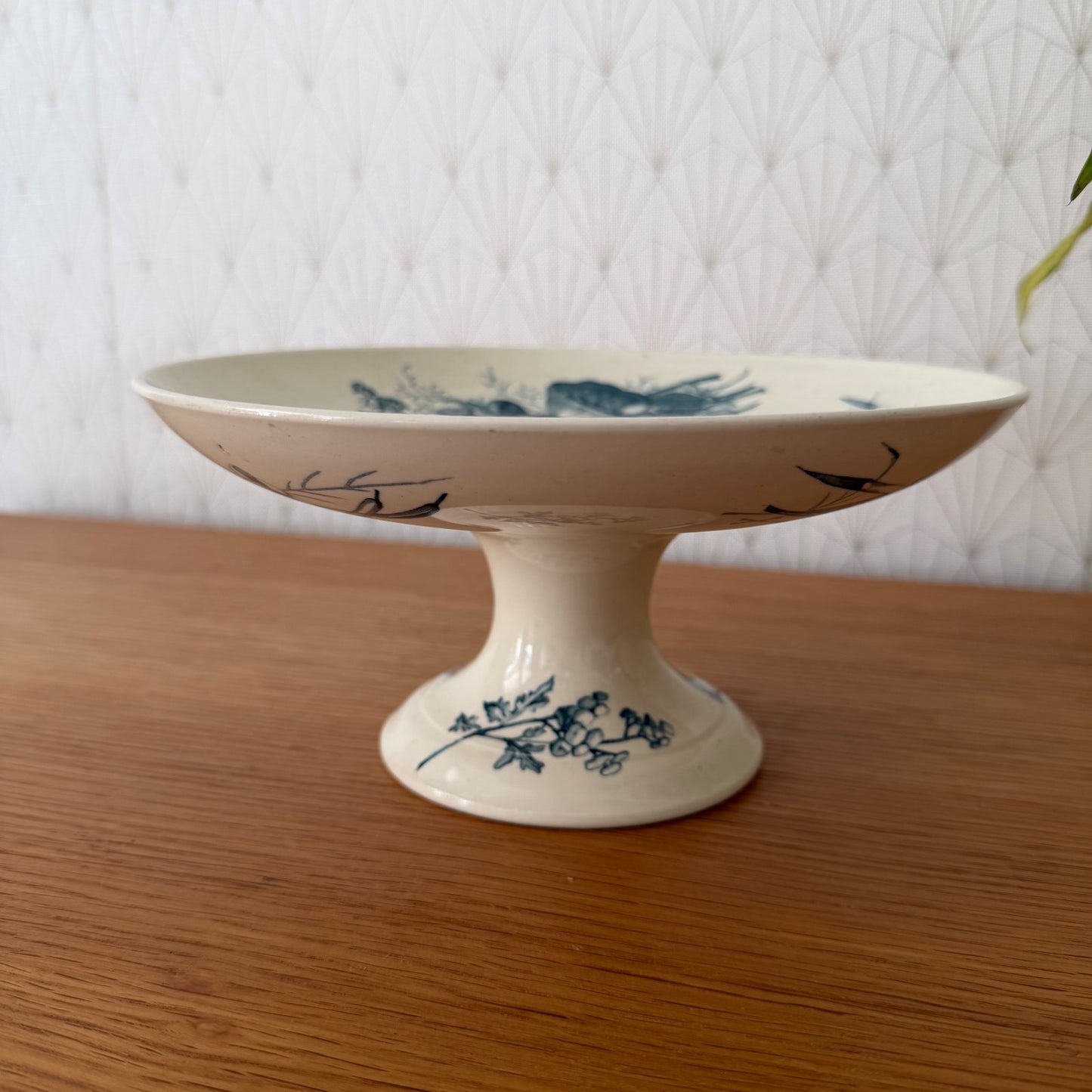 French Antique Luneville Compote Pedestal Dish Blue Floral Birds 0708264 Unmarked