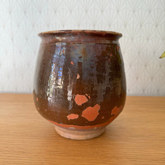 HANDMADE GLAZED BROWN FRENCH CONFIT JAM POT BIG TERRACOTTA 7" potery 2404242 - Fleamarketfrance