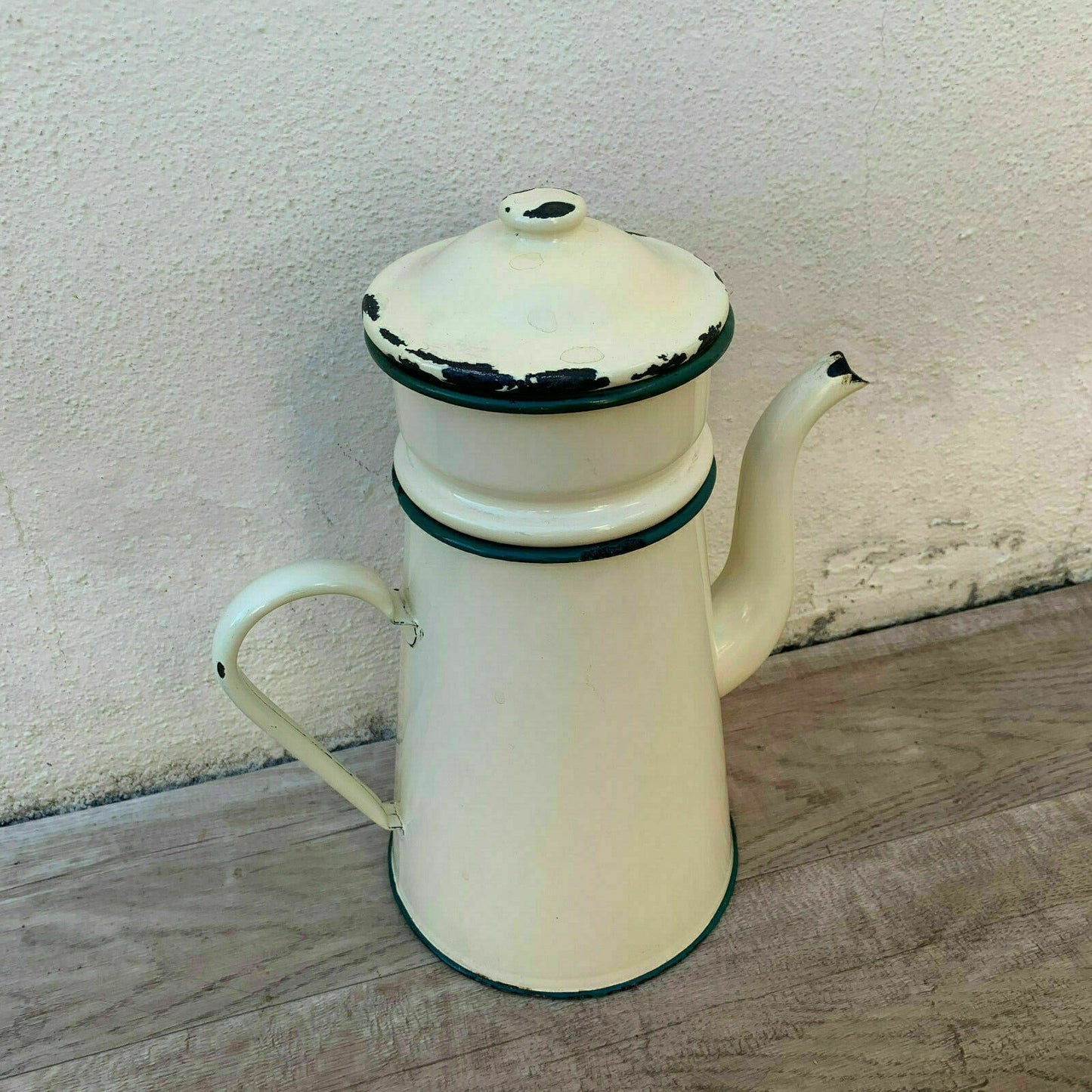 French Enamel Coffee Pot White Green Trim Vintage Enamelware 09041920 Fleamarketfrance