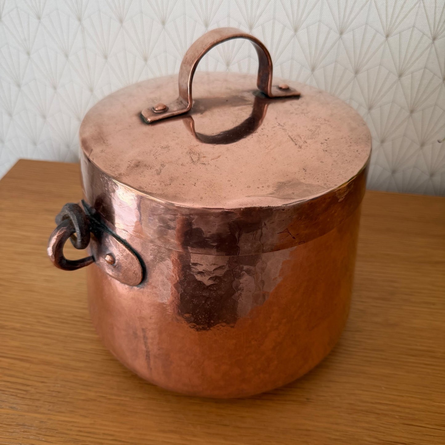 Vintage French Hammered Copper Cauldron Handle brass Footed 1807261
