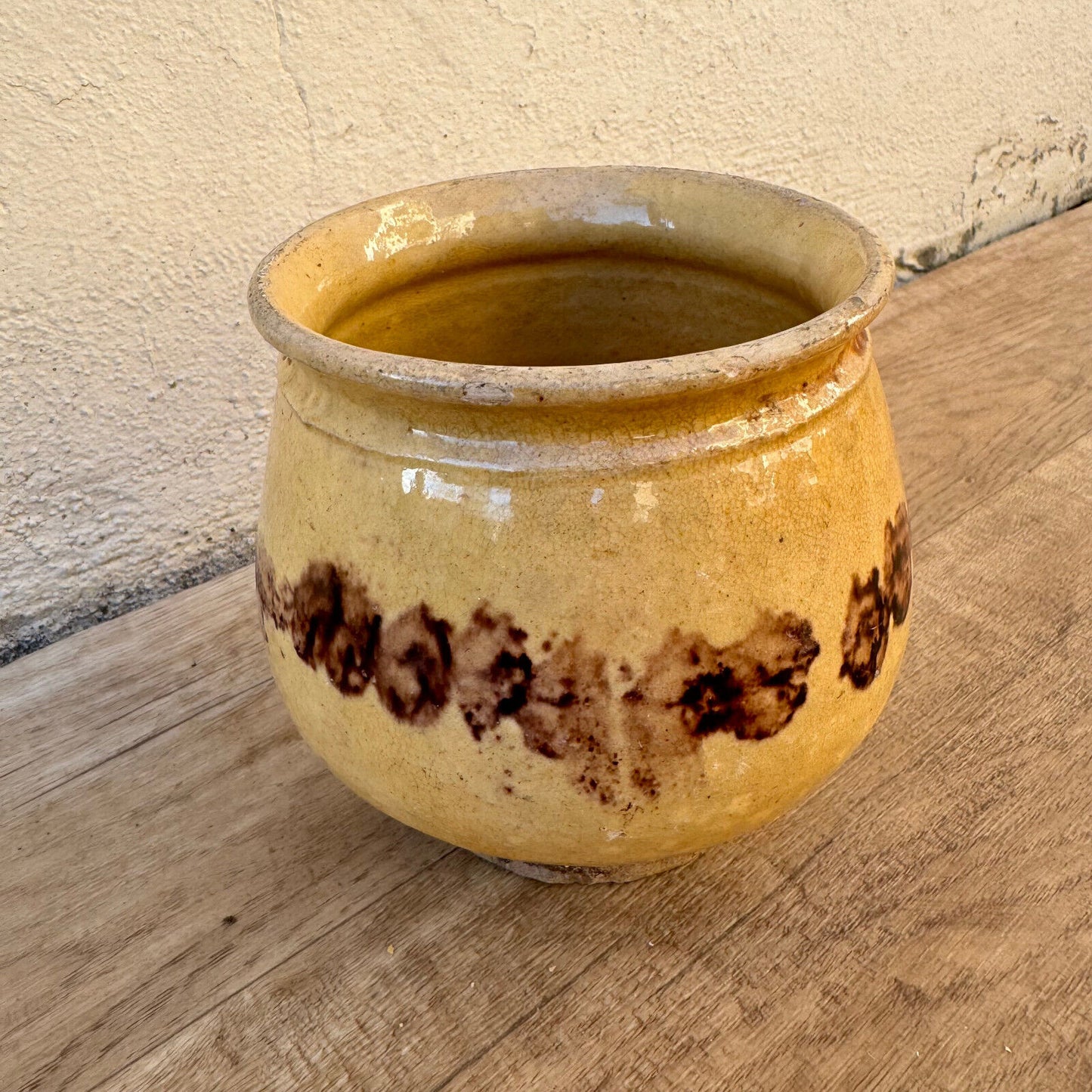 HANDMADE GLAZED BROWN YELLOW ANTIQUE FRENCH HONEY POT TERRACOTTA 1202258 - Fleamarketfrance