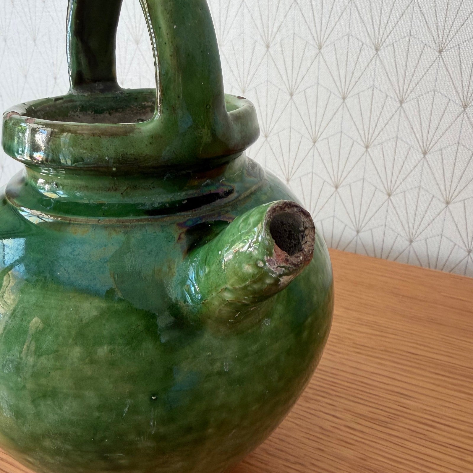 Vintage French Green Glazed Water Jug Gargoulette Pottery 9.4" 28052611 Fleamarketfrance