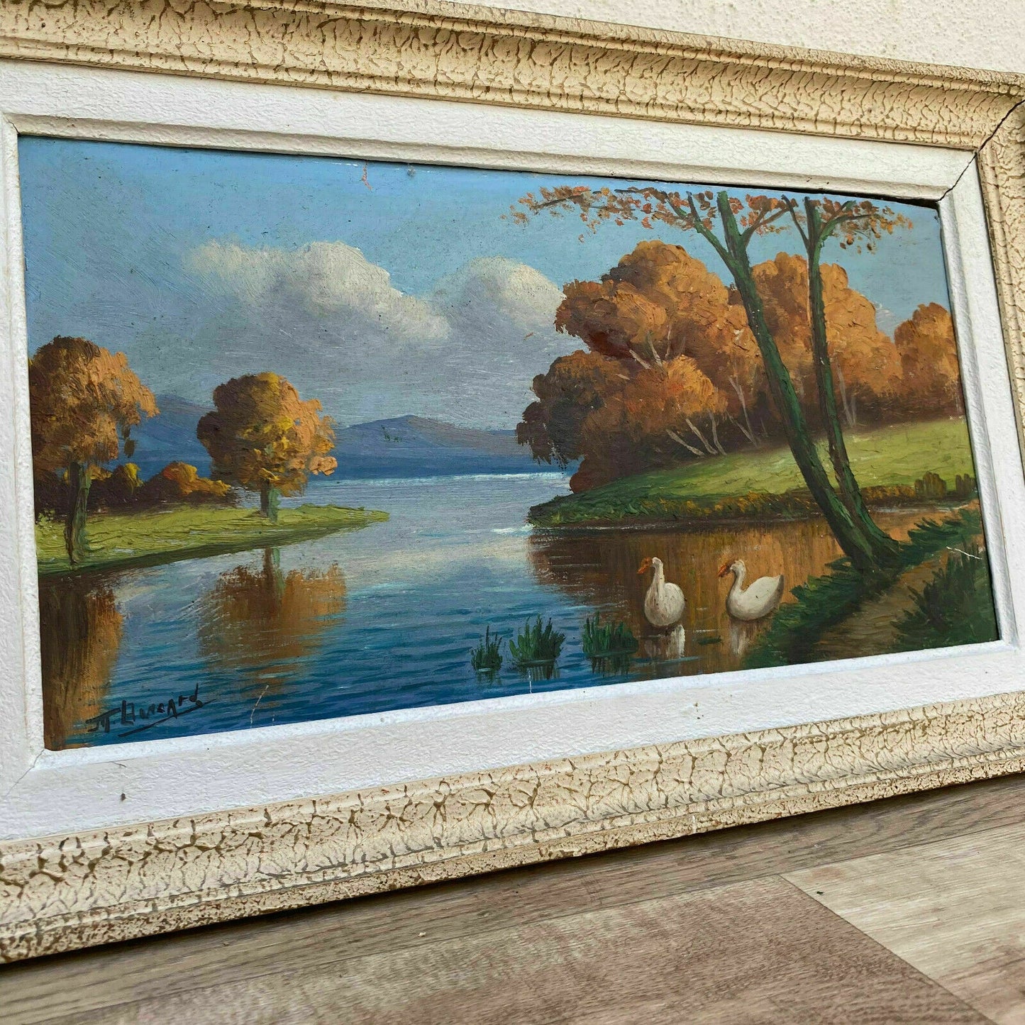 French Landscape Oil Painting Signed Lake Swans Vintage Gilded Frame 3001215 Fleamarketfrance