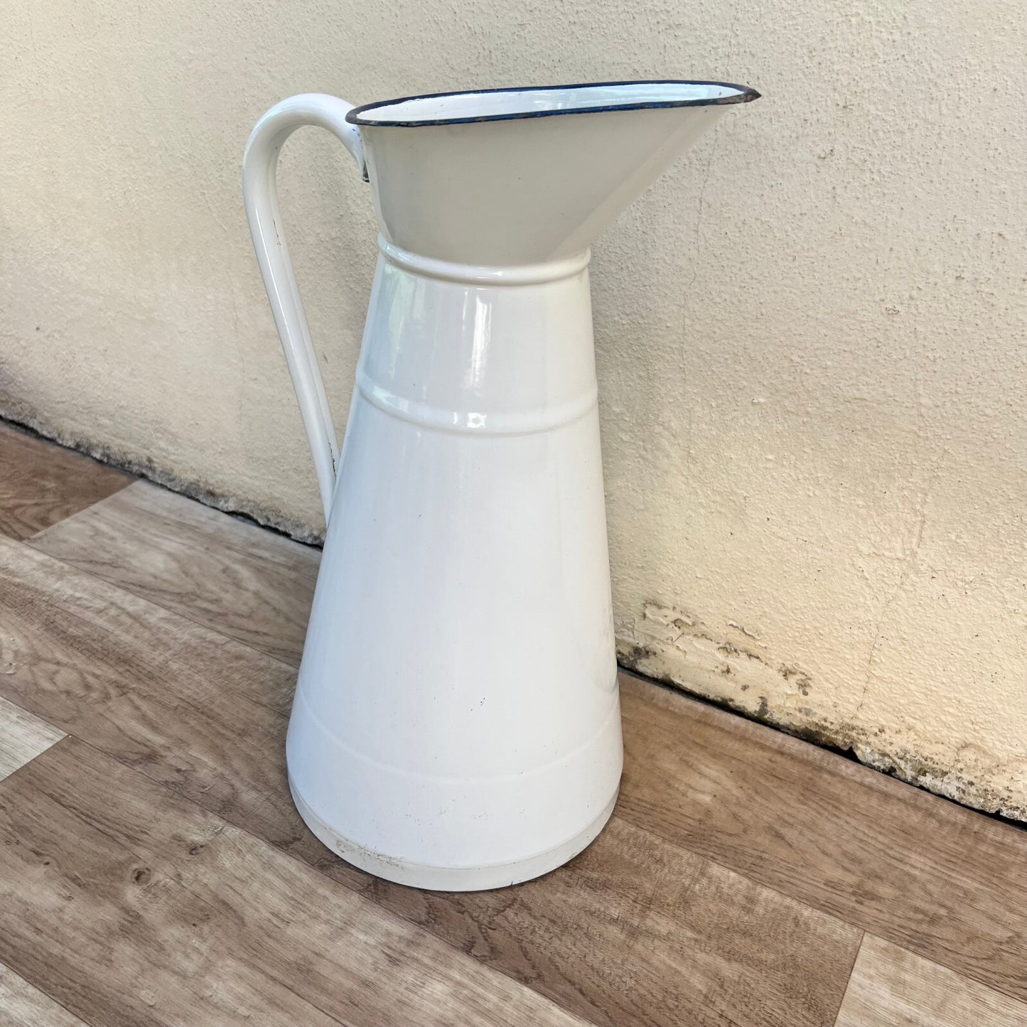 French Enamelware Pitcher White Blue Rim Antique Water Jug Vintage 1008223 Duralex