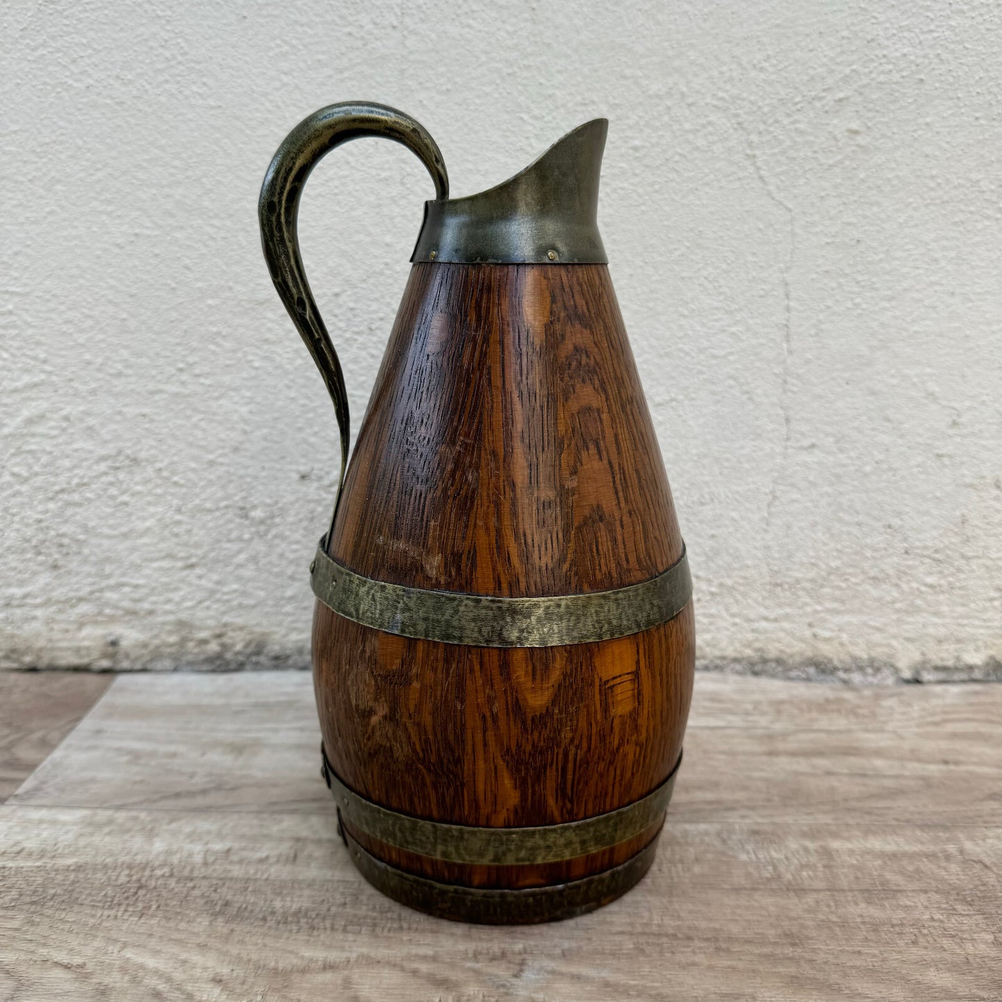 French Wooden Wine Pitcher Vintage Oak Cider Jug Metal Bands 9.75" 22072416 Fleamarketfrance