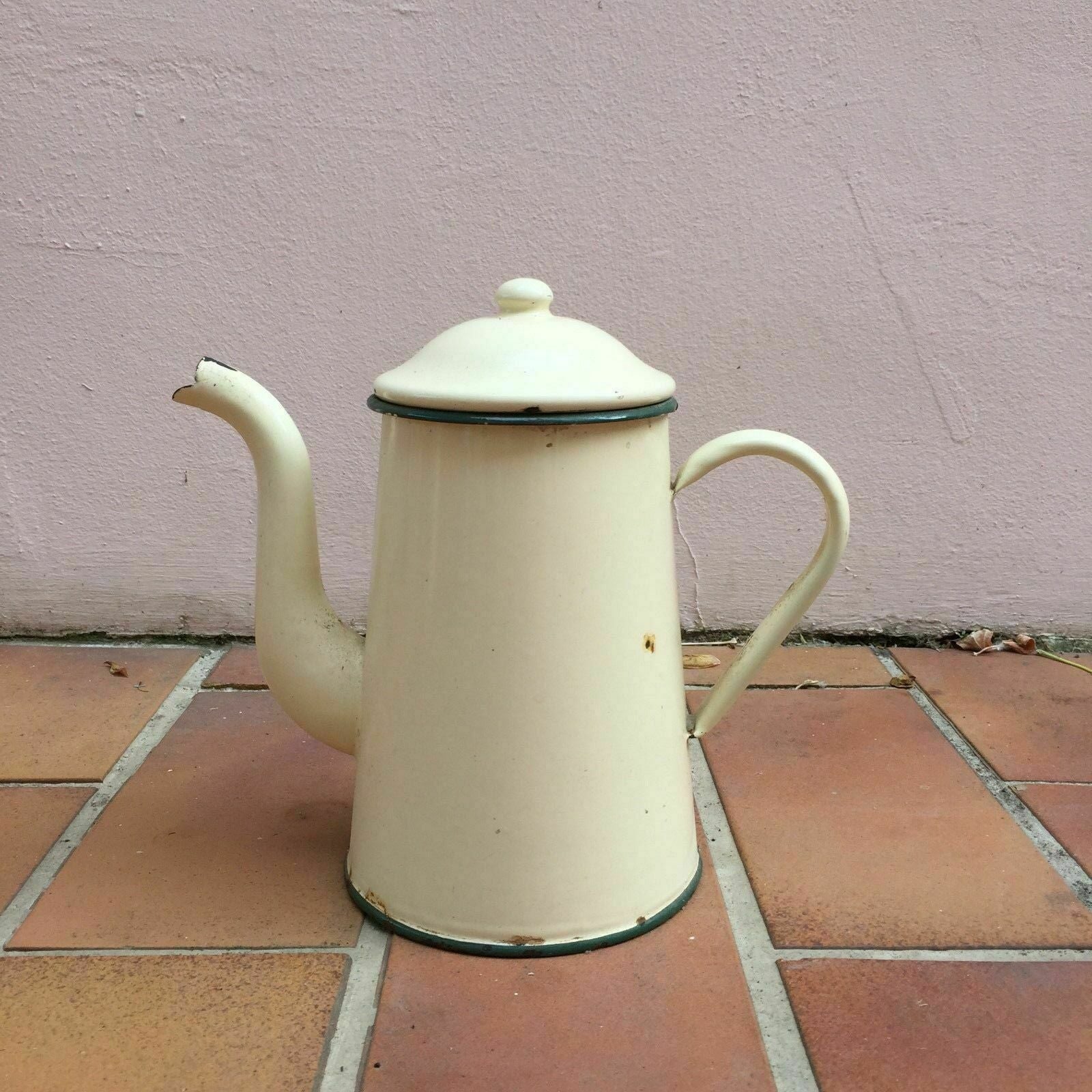 Vintage French Enamel Coffee Pot Cream Beige Enamelware Kitchen Fleamarketfrance