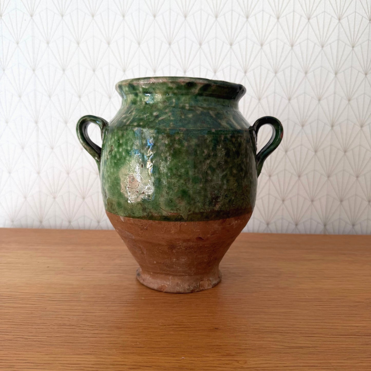 Antique French Confit Pot Green Glazed Terra Cotta 2-Handle 1908268 Unmarked