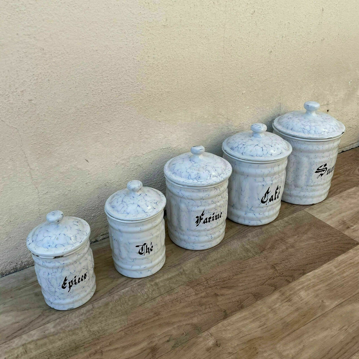 Vintage French Enamelware Canisters Set of 5 Kitchen Storage 0311218 Fleamarketfrance