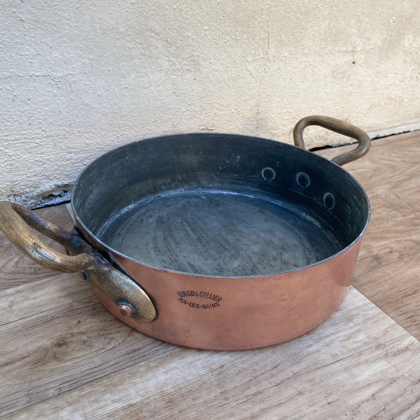 French Copper Gratin Pan Vintage Brass Handles Signed Girod Cellier 04072616