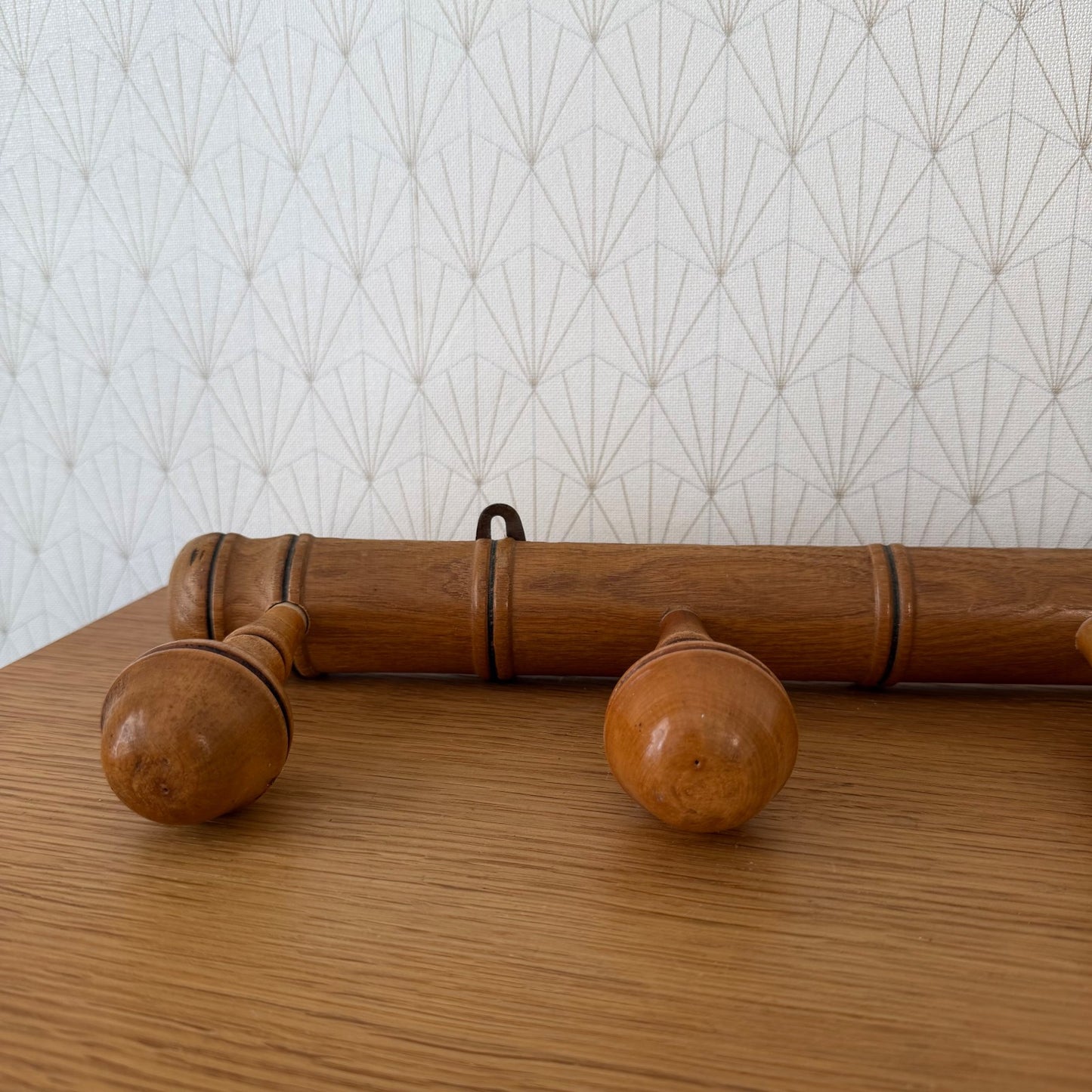 French Bamboo Coat Rack Vintage Wood Wall 5 Peg Hanger 14072610