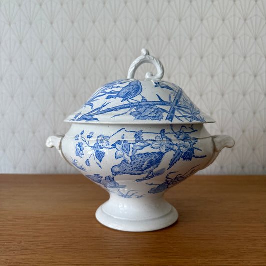 French Vintage Tureen  St Amand Earthenware Flowers Fruits Blue Bowl 1804251